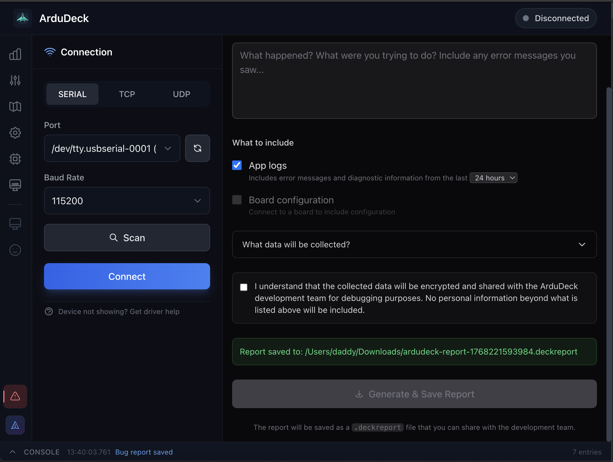Bug Report Screen