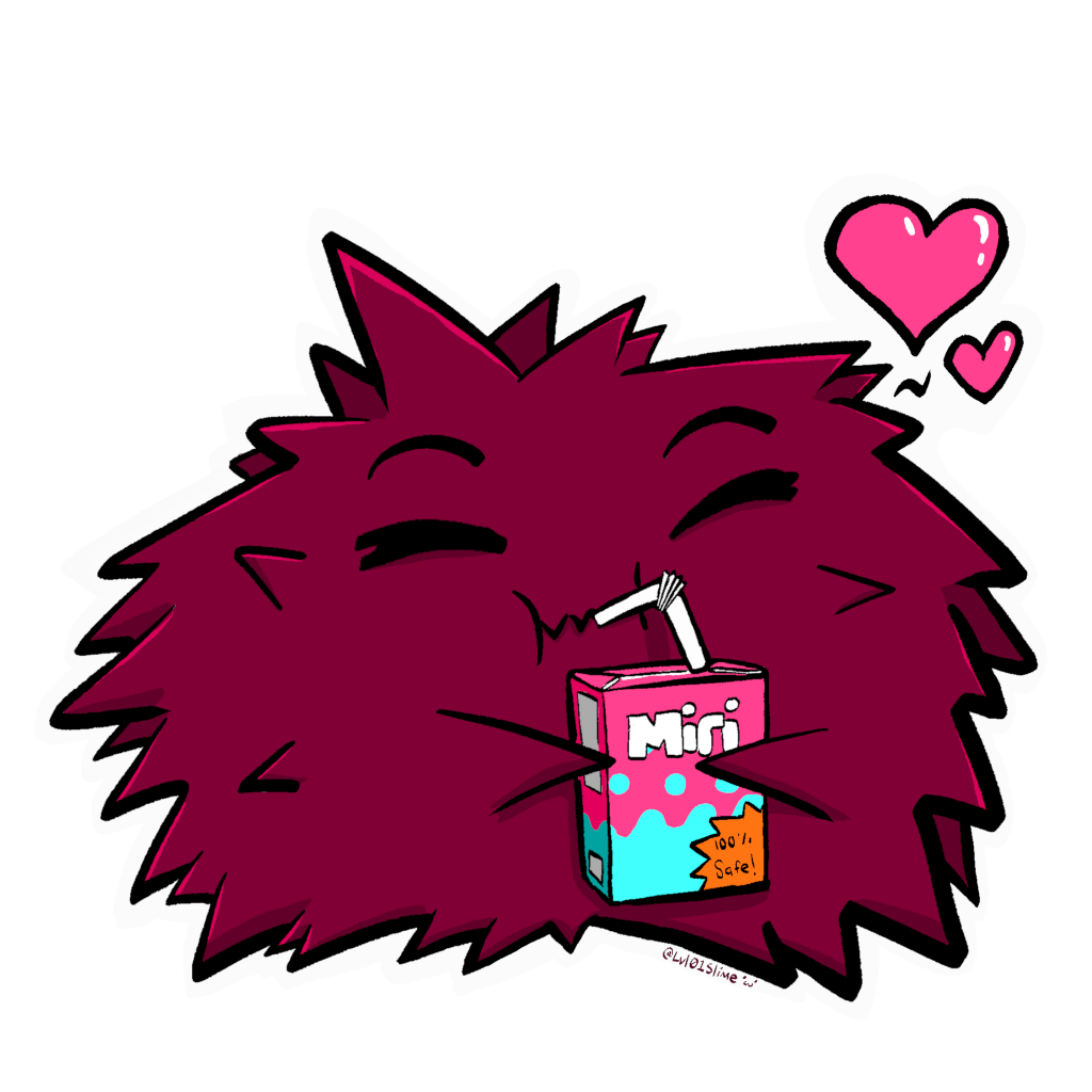 Art by Paige Losare-Lusby, Creative Commons Attribute-ShareAlike Corro, the Unsafe Rusturchin, drinking from a juice bottle labeled 'Miri - 100% safe'