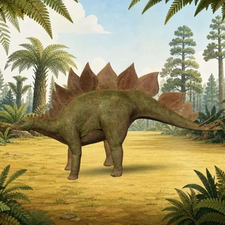 Stegosaurus against its prehistoric forest exhibit background