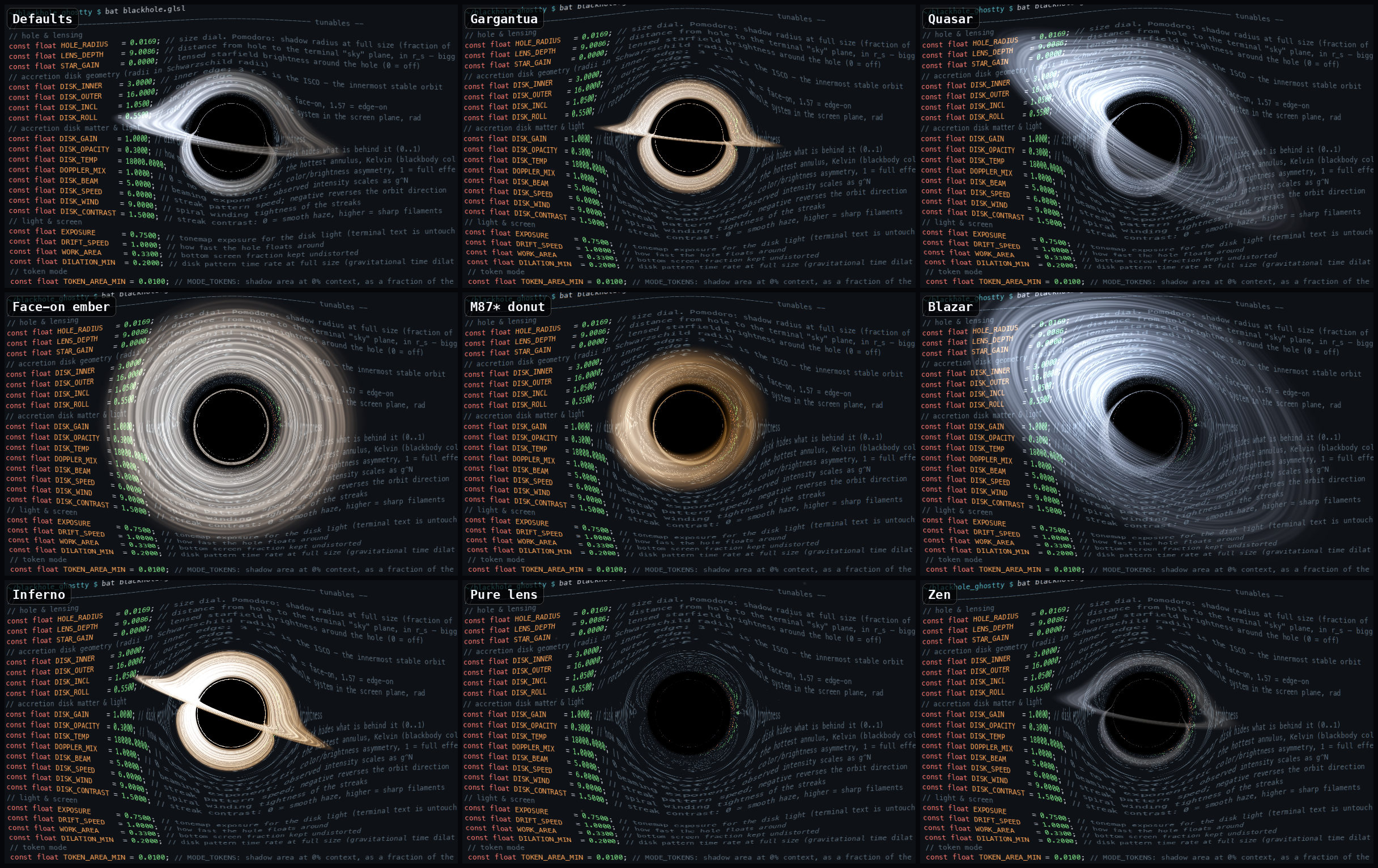 The presets — Defaults, Gargantua, Quasar, Face-on ember, M87* donut, Blazar, Inferno, Pure lens, Zen