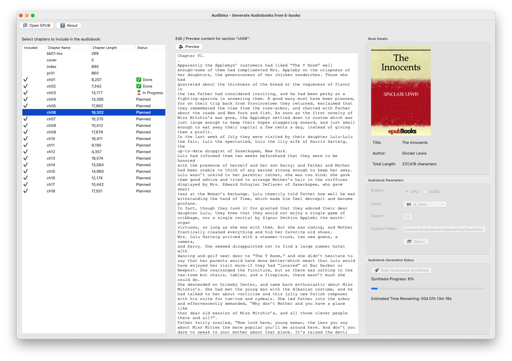 Audiblez GUI on MacOSX