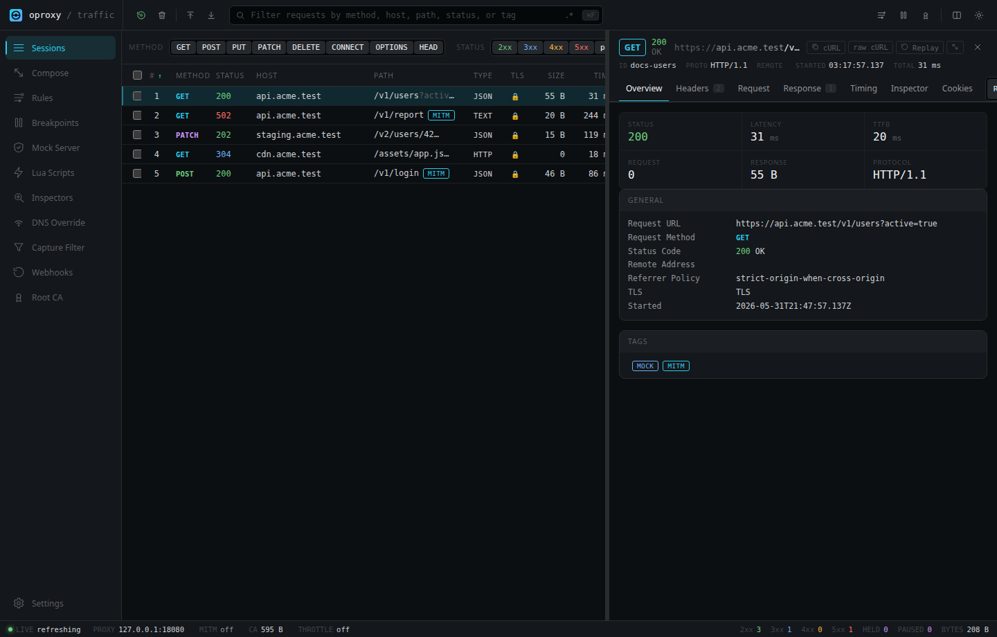 oproxy sessions screenshot