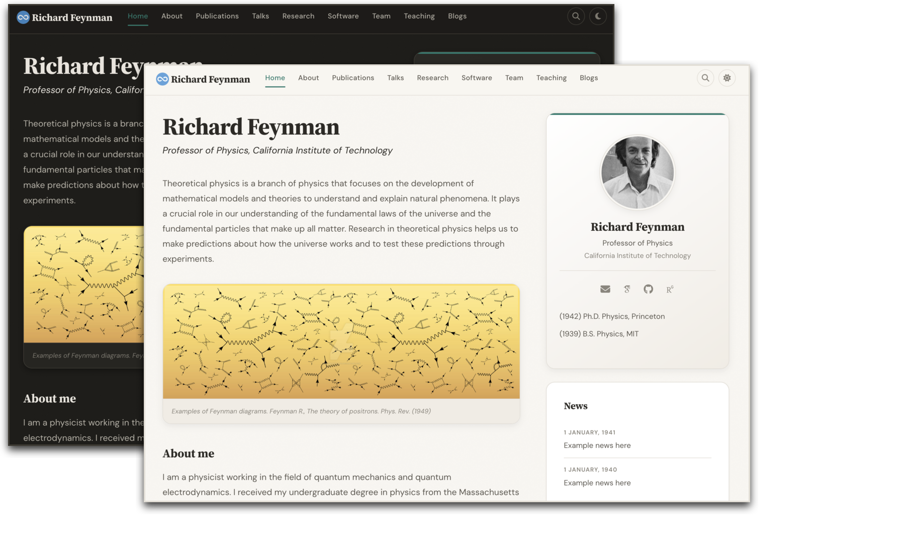 Home page — light and dark mode