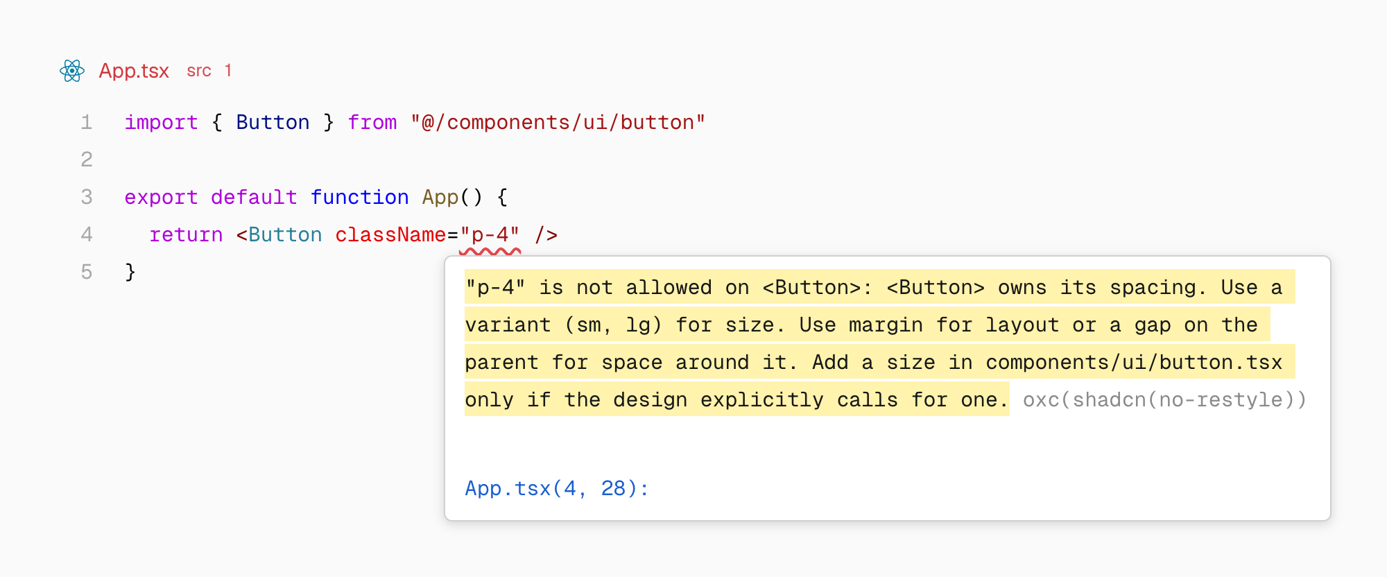 A lint diagnostic explains why padding is not allowed on Button and suggests using an existing size.