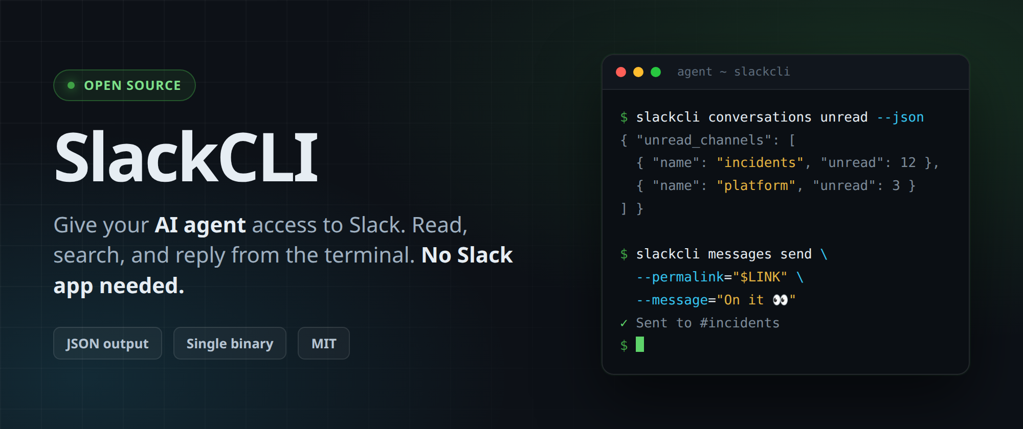 SlackCLI — the Slack CLI for humans and AI agents. Read, send, search and reply across one or many Slack workspaces from the terminal. No Slack app needed.