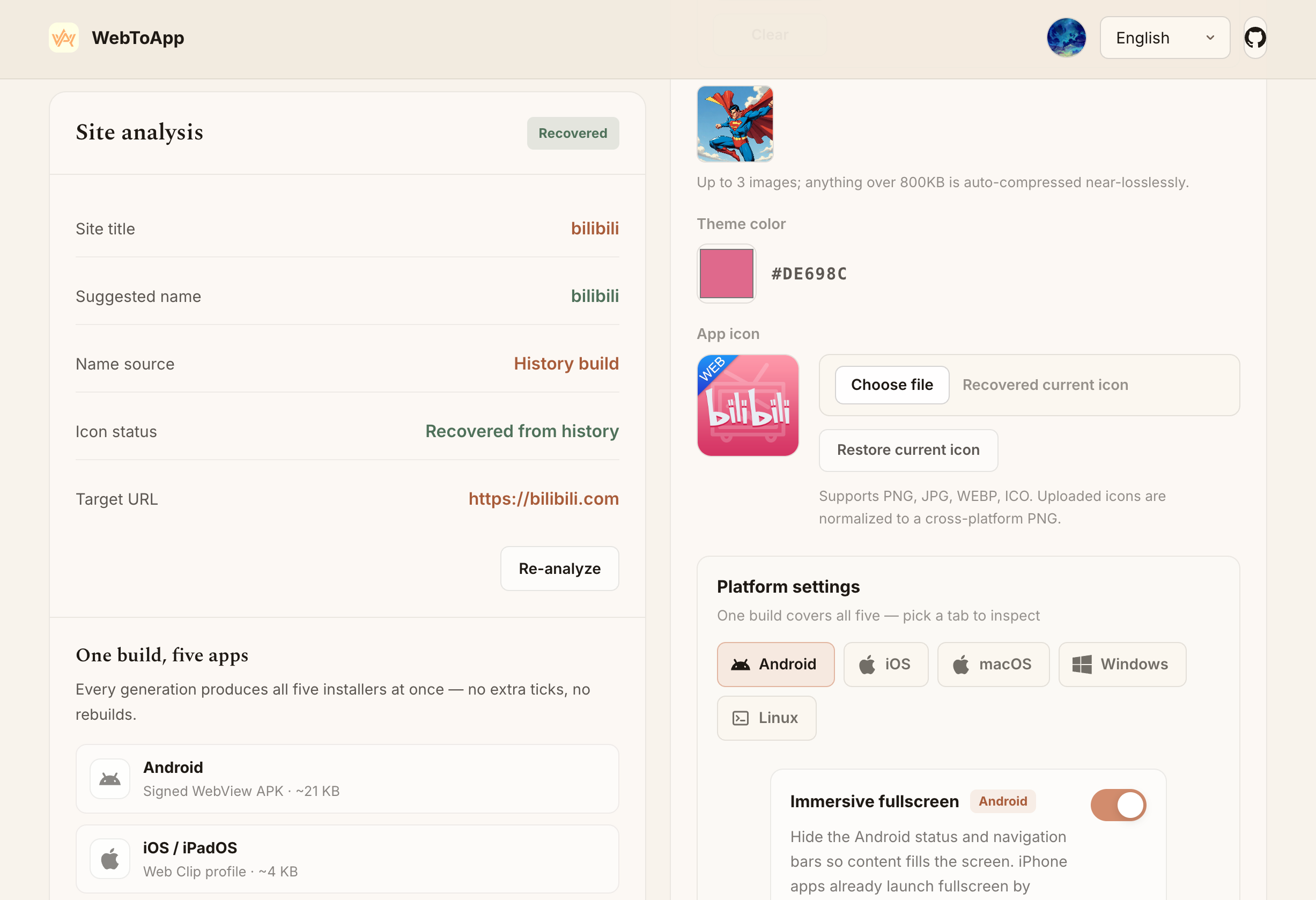 Theme color, recovered icon, and per-platform settings with Android immersive mode