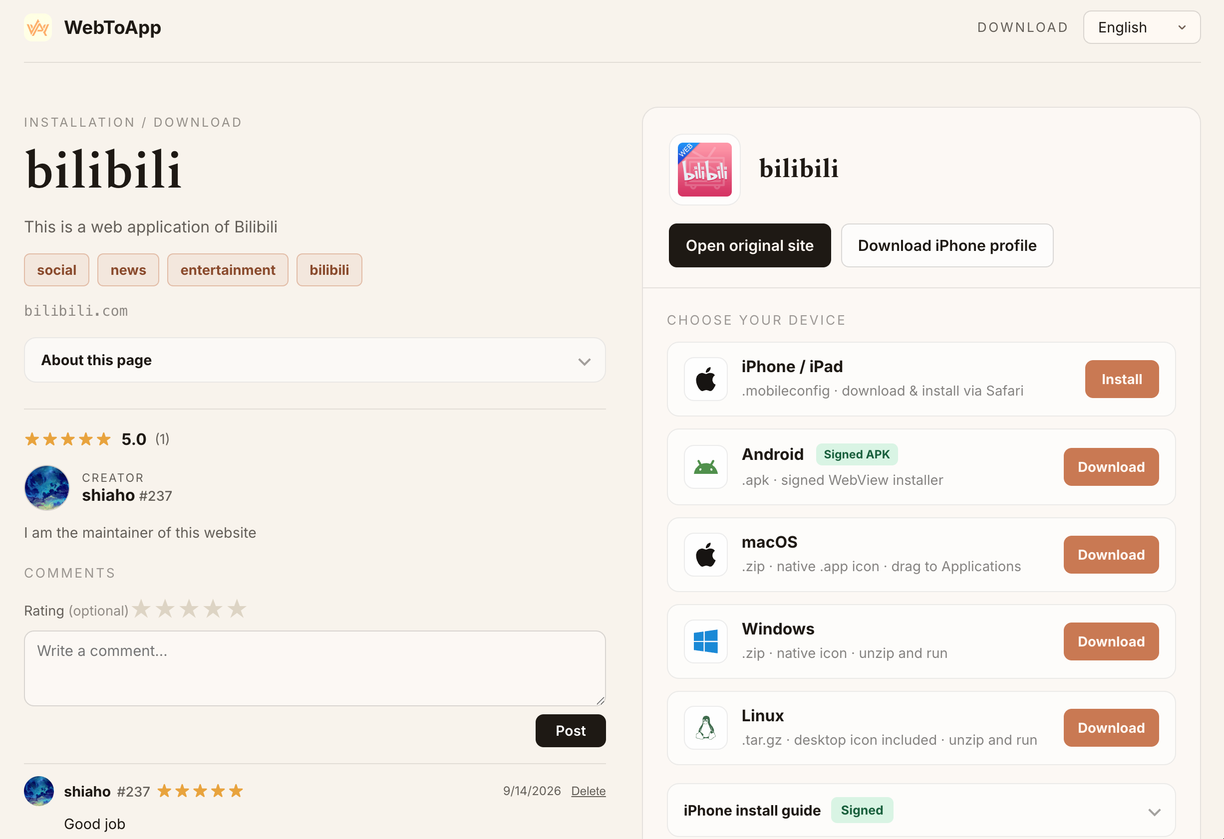 Generated download page: rating, creator card, comments, and per-platform install list