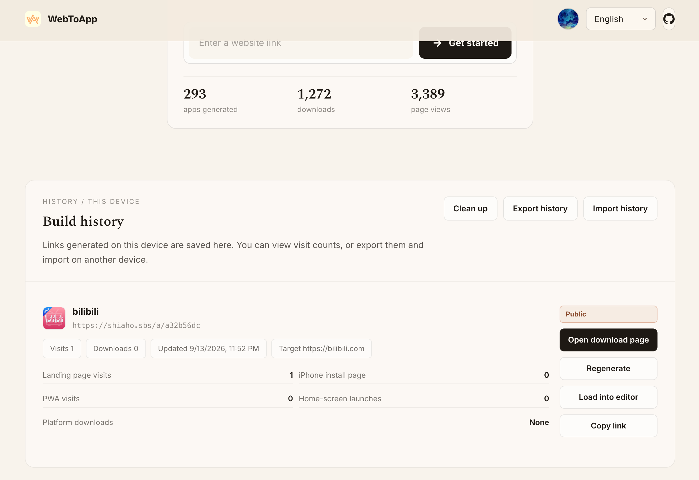 Per-device build history with visit stats, export and import