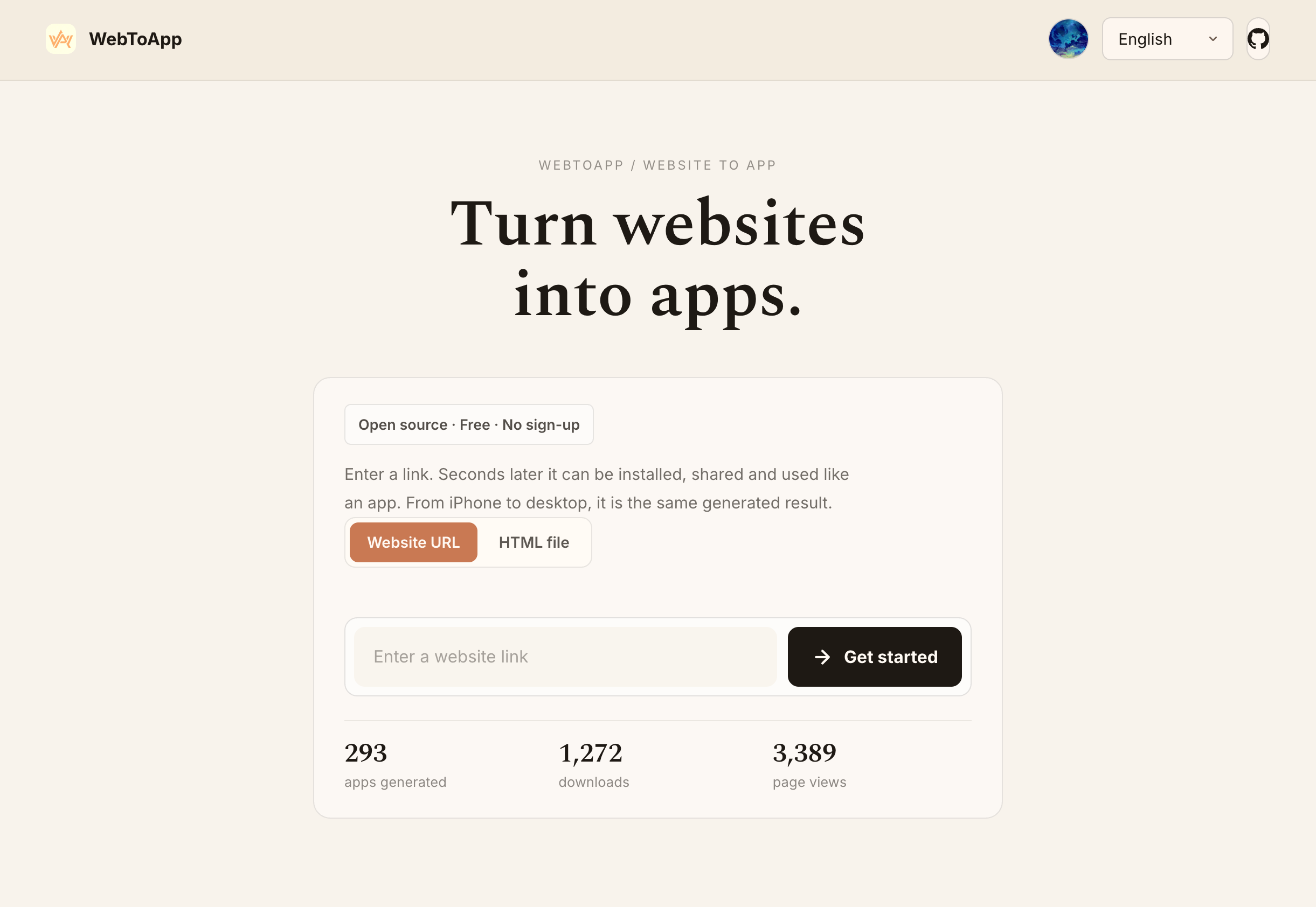 Landing page: paste a link, get started — live counters for generated apps, downloads and views