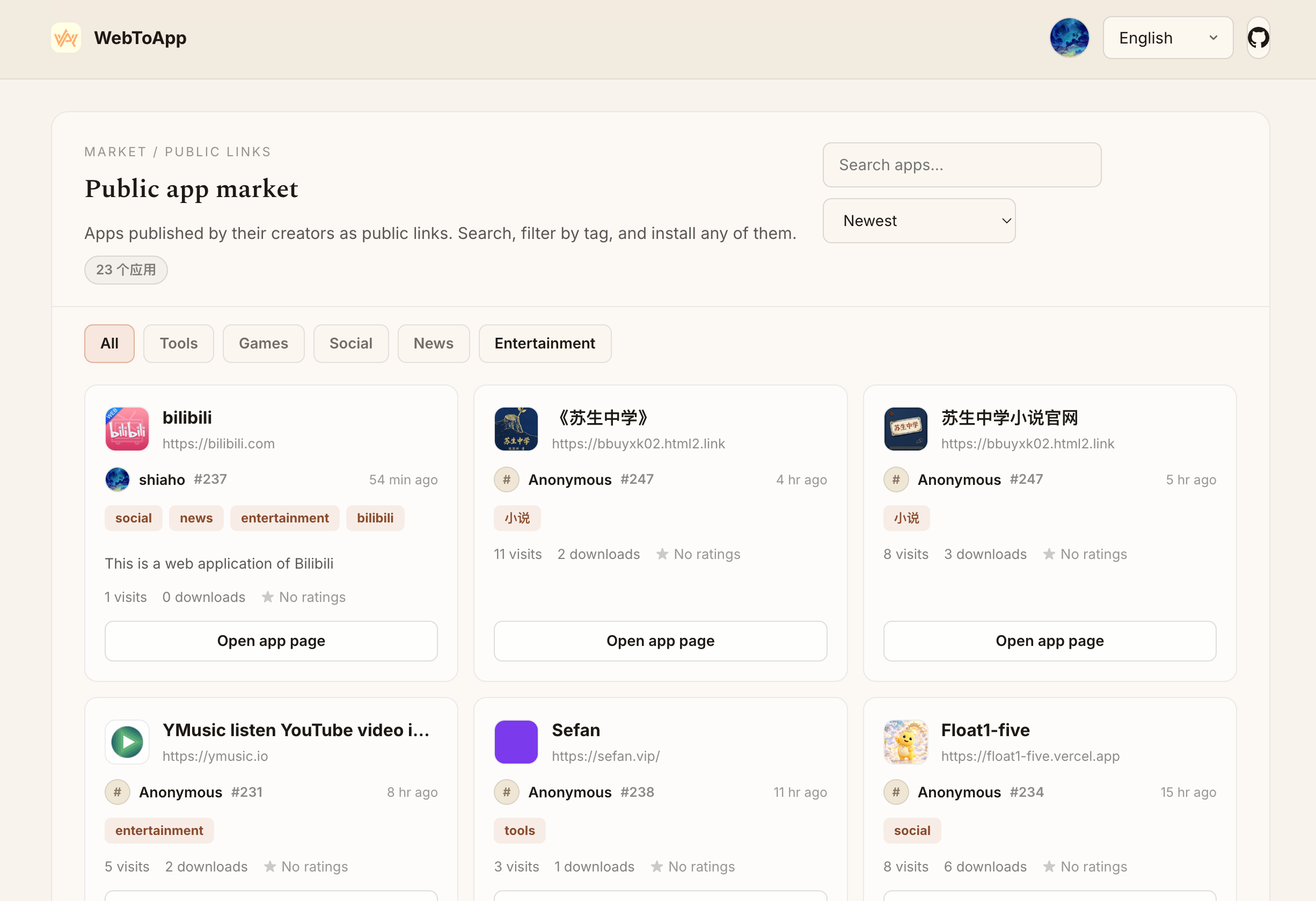 Public app market with creator attribution, tags, relative time and ratings on every card