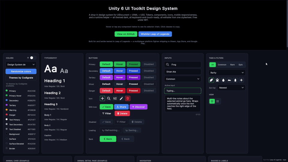 UI Toolkit Design System — interactive web showcase. Hover or tap to inspect, toggle day/night, click classes to copy.
