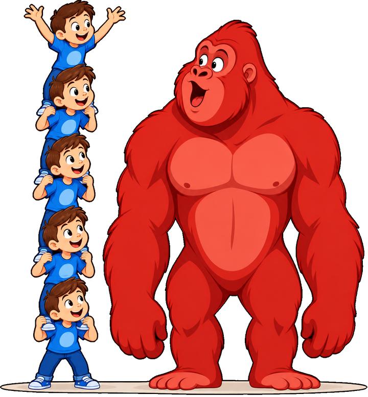 Five boys standing on one another's shoulders, together as tall as a single gorilla beside them