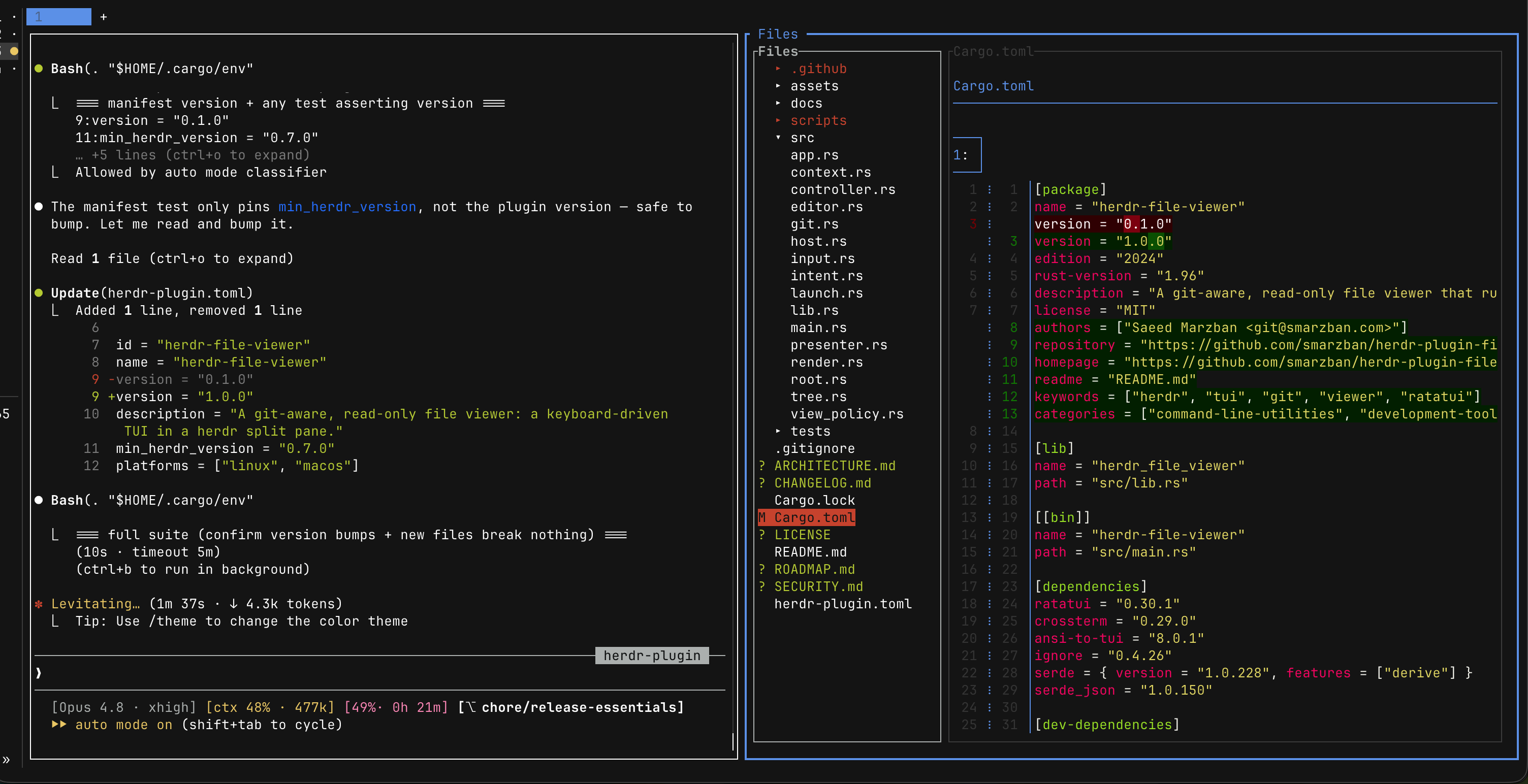 herdr-file-viewer open in a herdr split beside your work: the directory tree on the left, syntax-highlighted content on the right