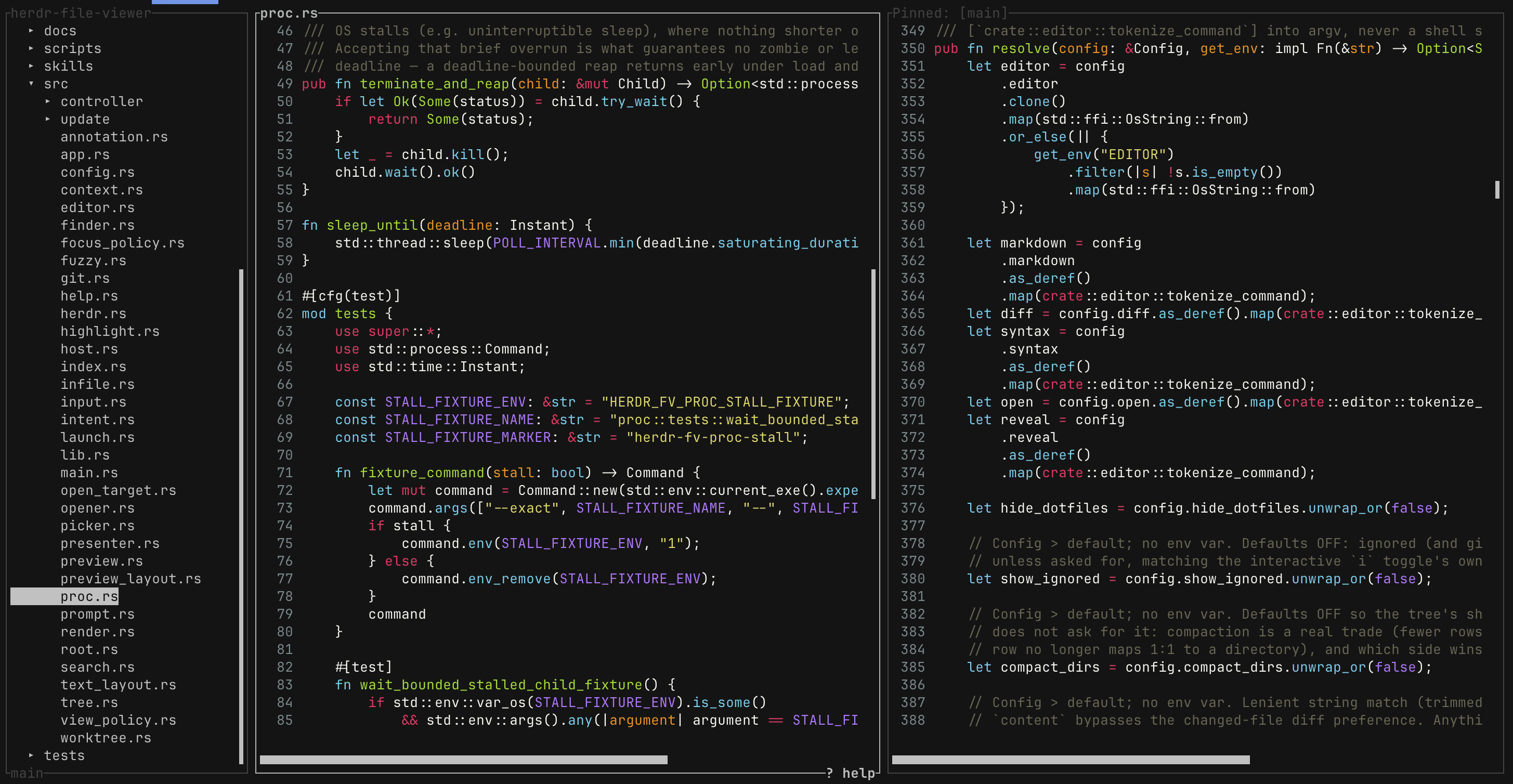 herdr-file-viewer with a pinned preview: tree on the left, the active file in the middle, a frozen pin of another file on the right