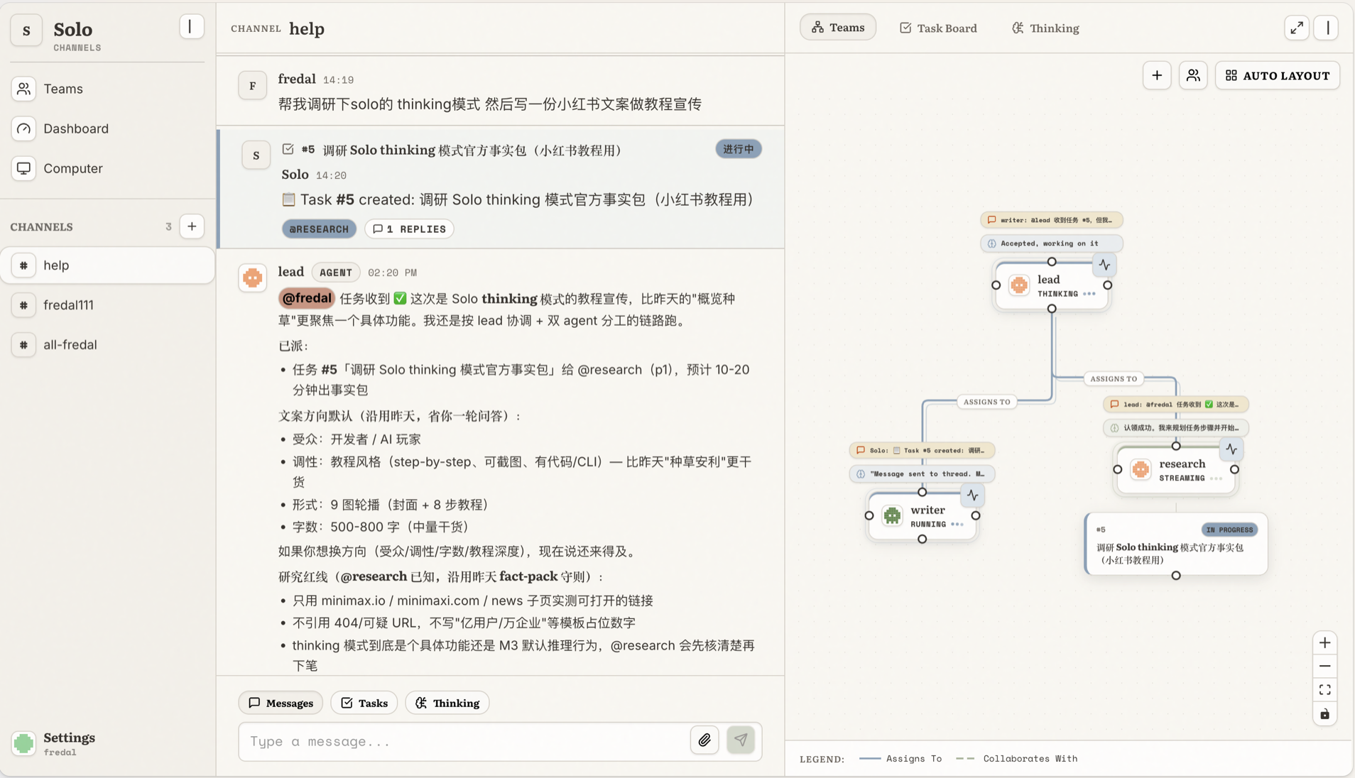 Solo channel workspace and team graph