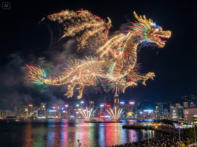 Awesome GPT4o/GPT-4o Image Prompts-烟花在水滨城市上空勾勒出主题的形状