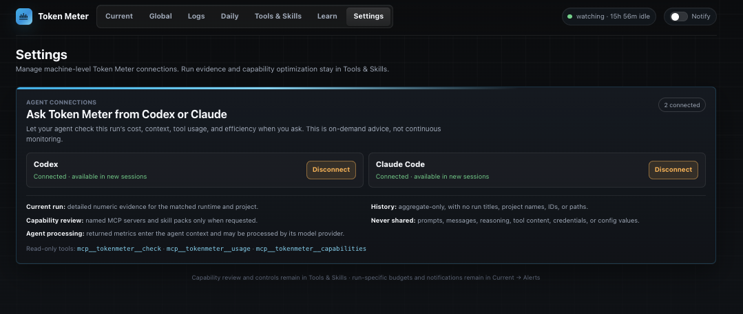 Token Meter Settings view for local read-only agent connections