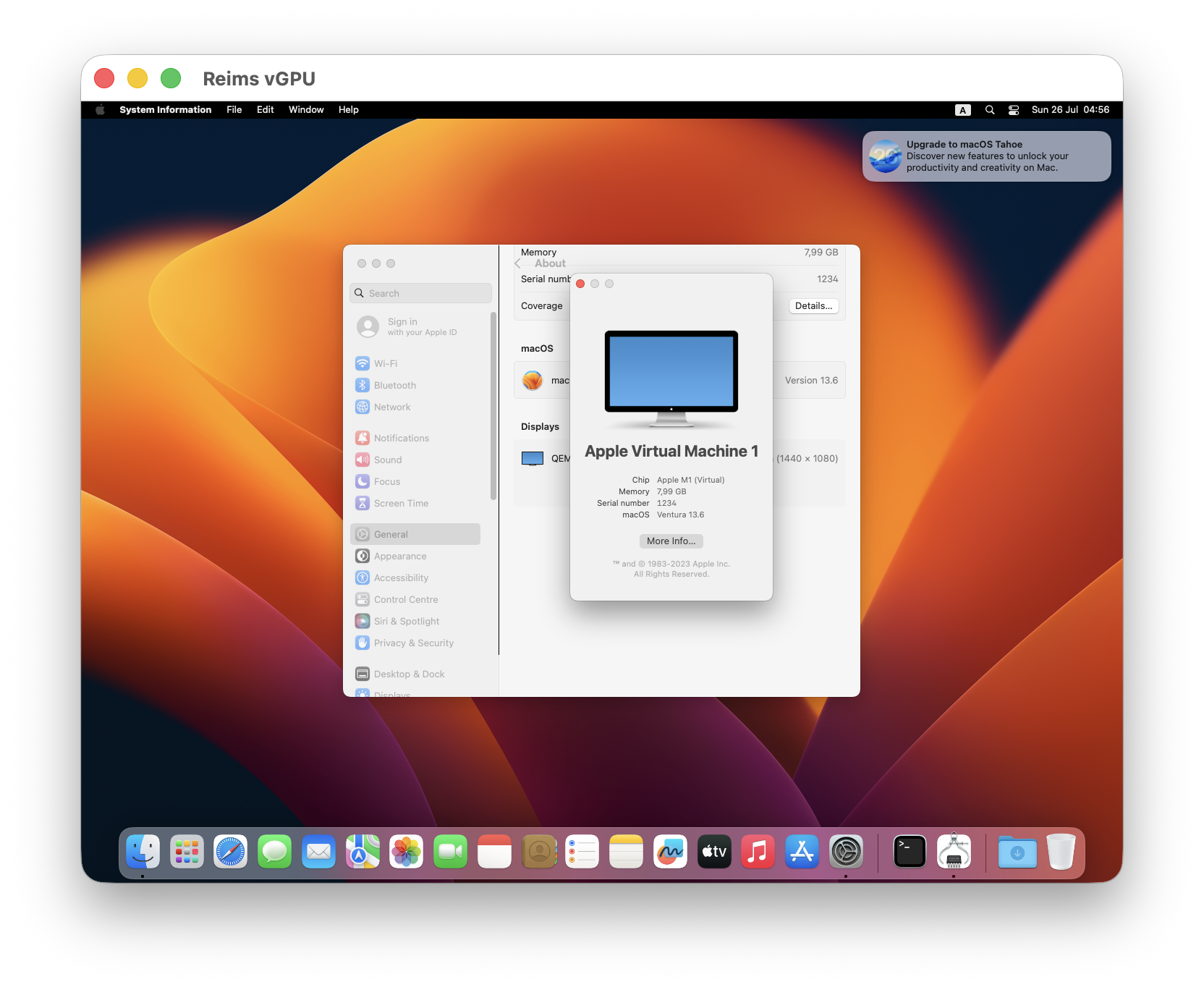reims-vgpu running an arm64 macOS 13 Ventura guest desktop on an Apple Silicon host
