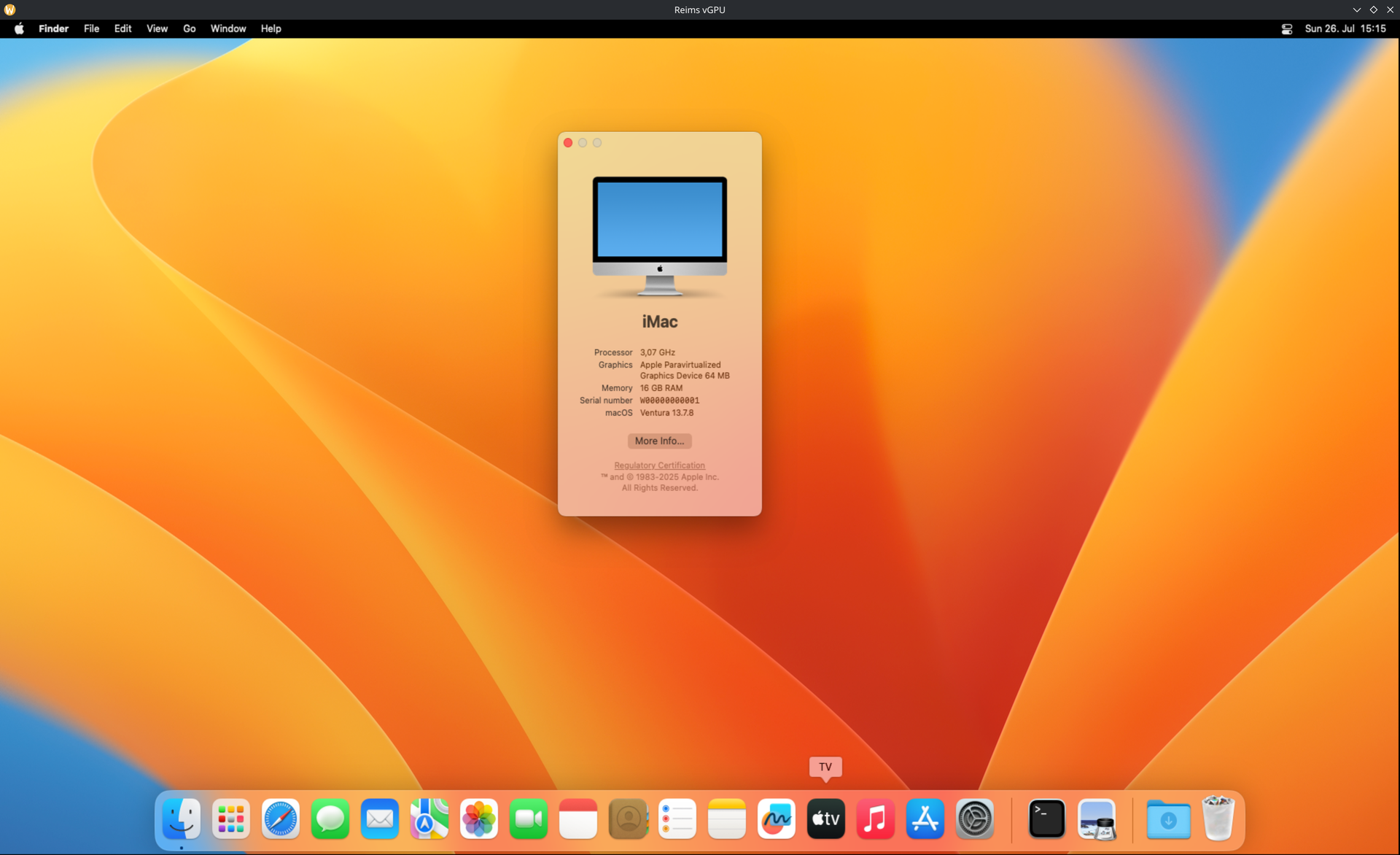 reims-vgpu running an x86_64 macOS 13 Ventura guest desktop on a Linux host