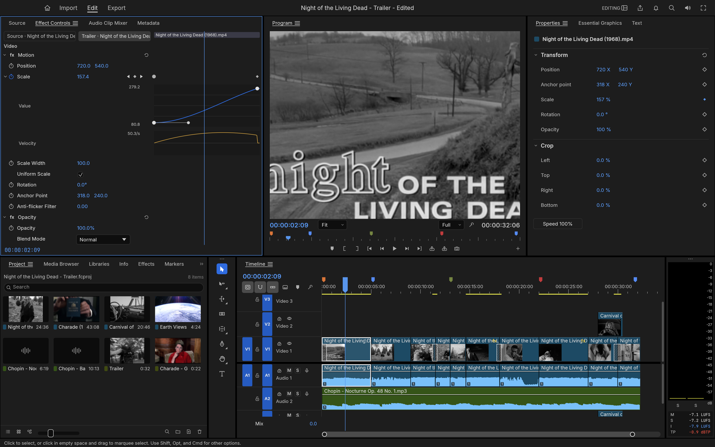 Effect Controls with the value and velocity graphs of an eased Scale push-in on the Night of the Living Dead title card, the Program monitor showing the title over a country road, and the Properties panel with Transform and Crop
