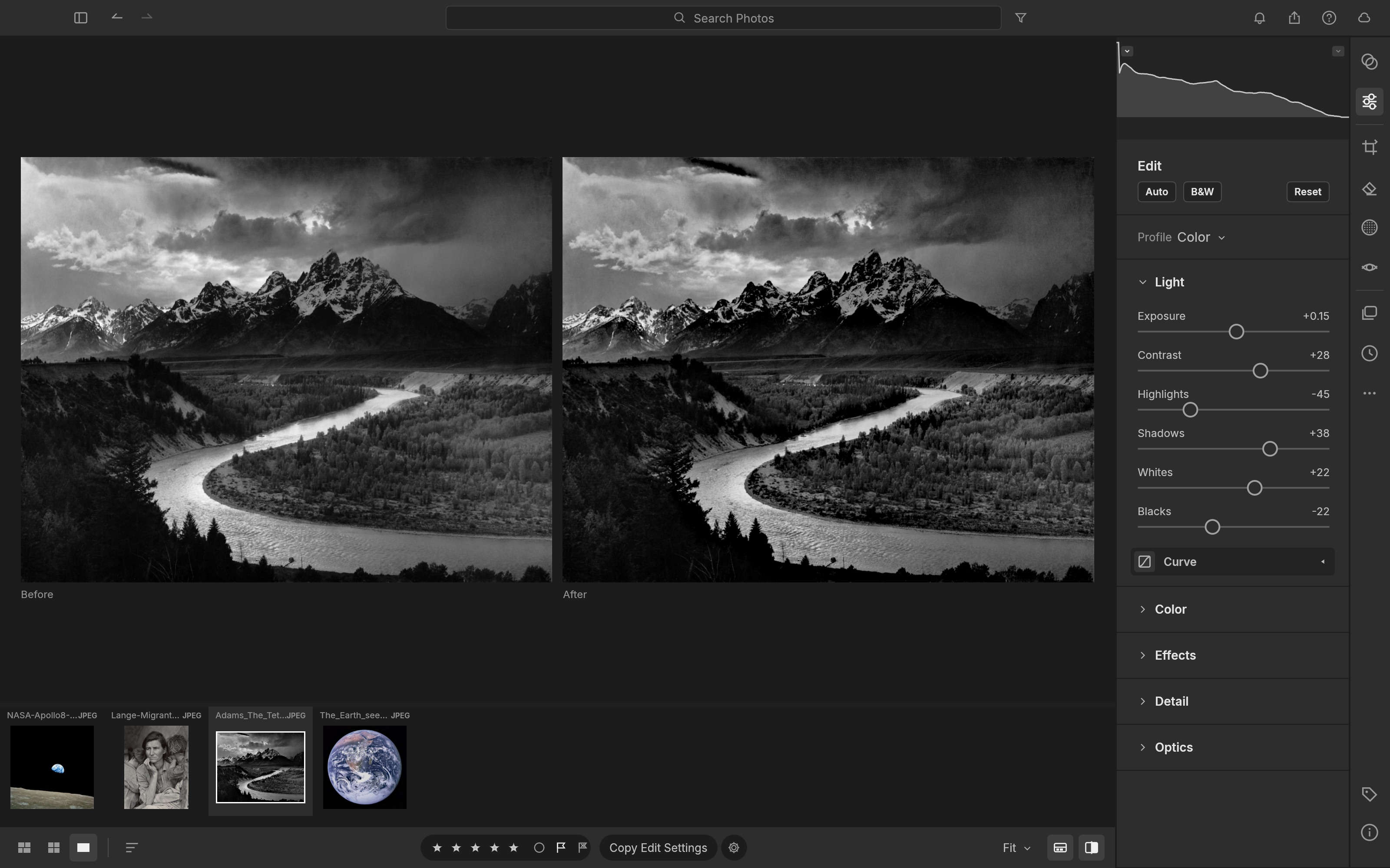 Side-by-side before and after of The Tetons and the Snake River: the after has deeper clouds and more open shadows along the river