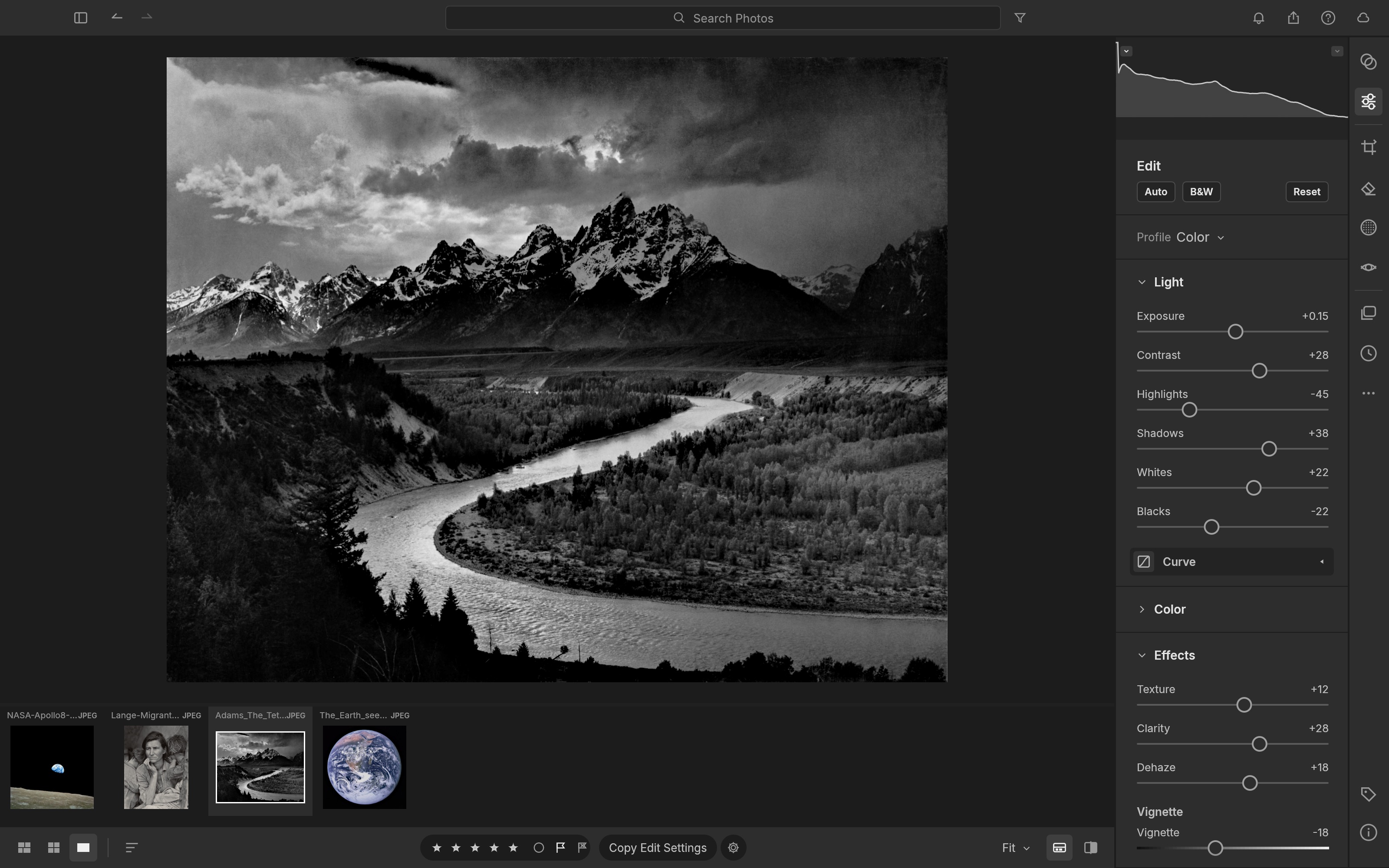 LightCraft's Edit view with Ansel Adams' The Tetons and the Snake River in the loupe, the Light and Effects panels open on the right, and the four showcase photos in the filmstrip