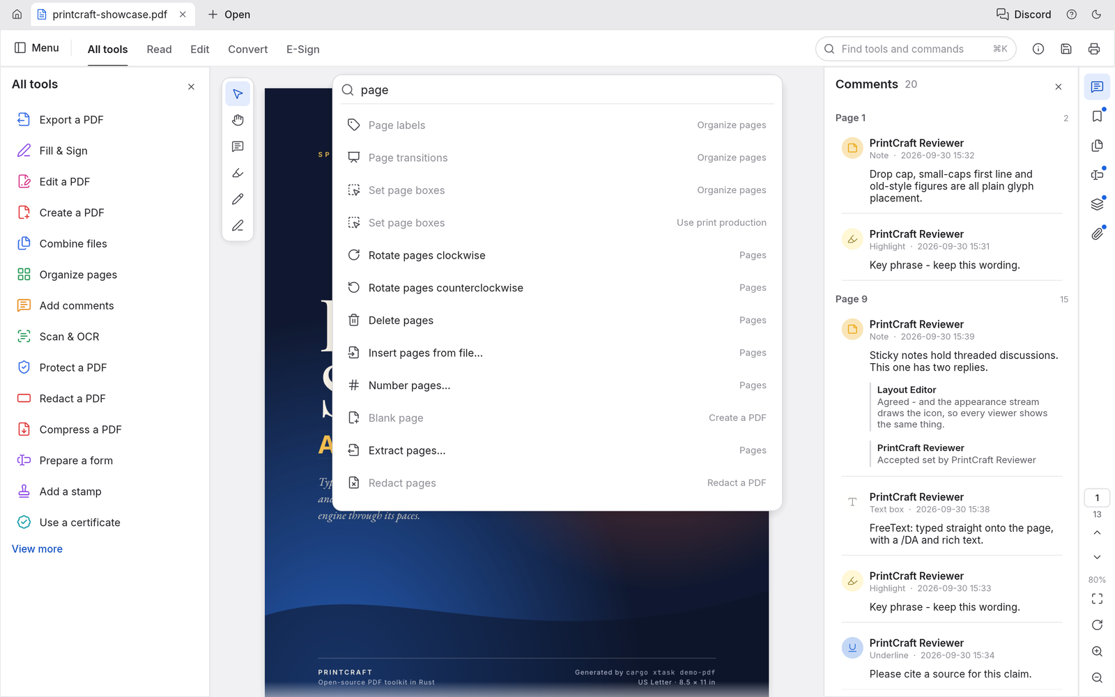 The command palette searching for 'page', listing Page grid, Page labels, Rotate pages, Insert pages, Delete pages, Extract pages and more, each with the tool it belongs to