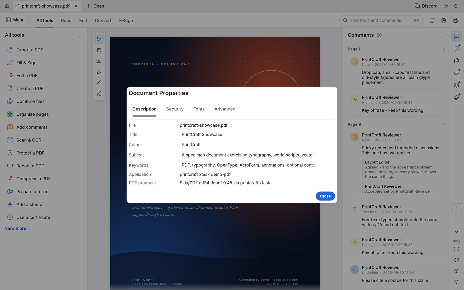 The Document Properties dialog on its Description tab, with editable title, author, subject and keywords, and tabs for Security, Fonts and Advanced