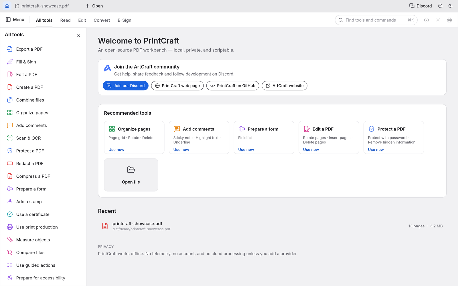 The Welcome to PdfCraft home screen with recommended tools, a recent file, a privacy note, and the full tool catalogue in the side panel