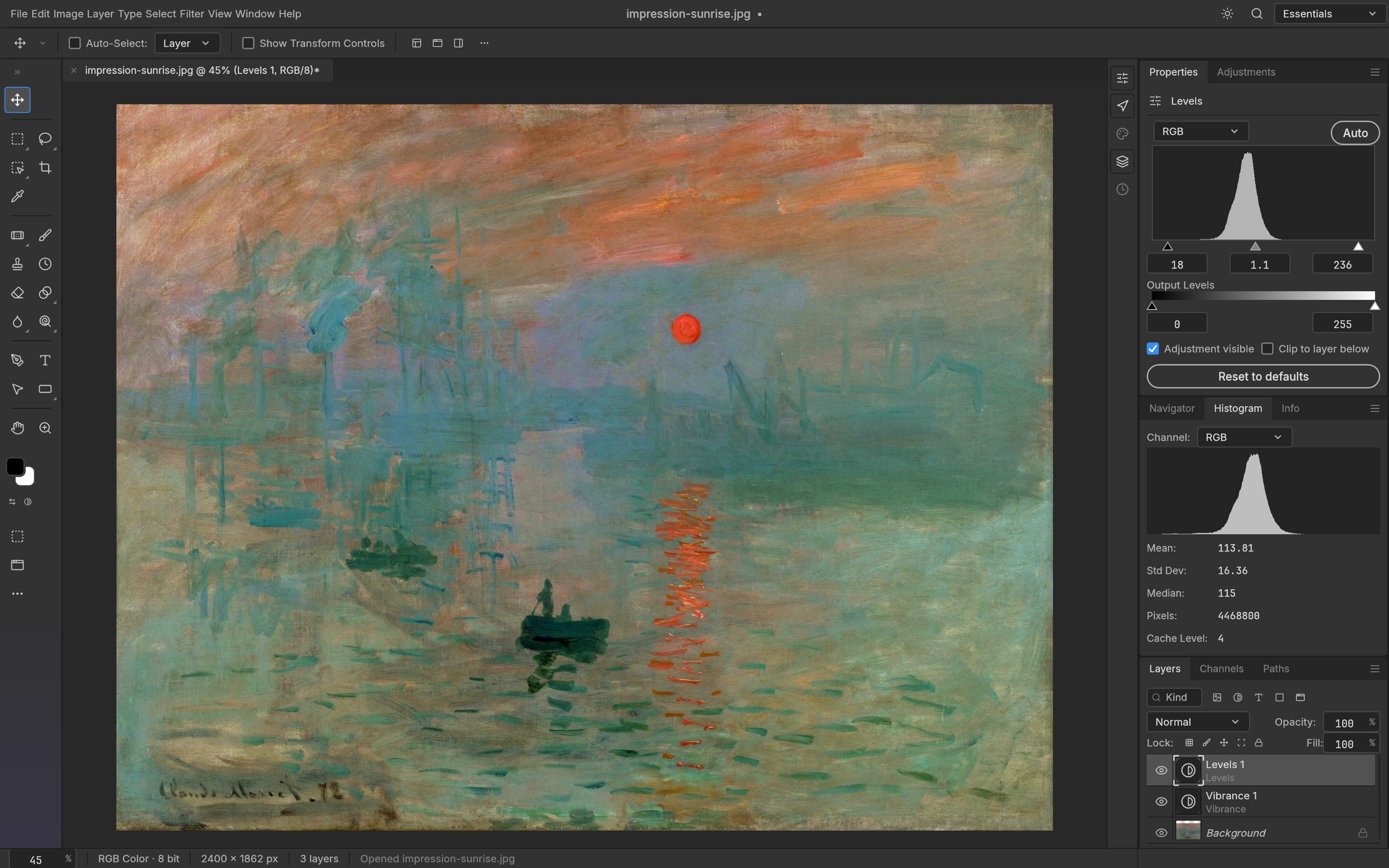 Monet's Impression, Sunrise with Levels and Vibrance adjustment layers; the Levels editor and the Histogram panel with mean, standard deviation and median are open on the right