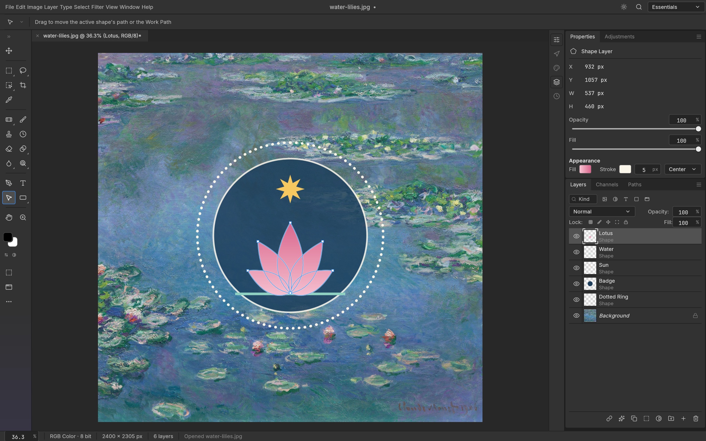 A lotus badge built from shape layers (Lotus, Water, Sun, Badge and Dotted Ring) over Monet's Water Lilies, with the lotus path's anchor points selected
