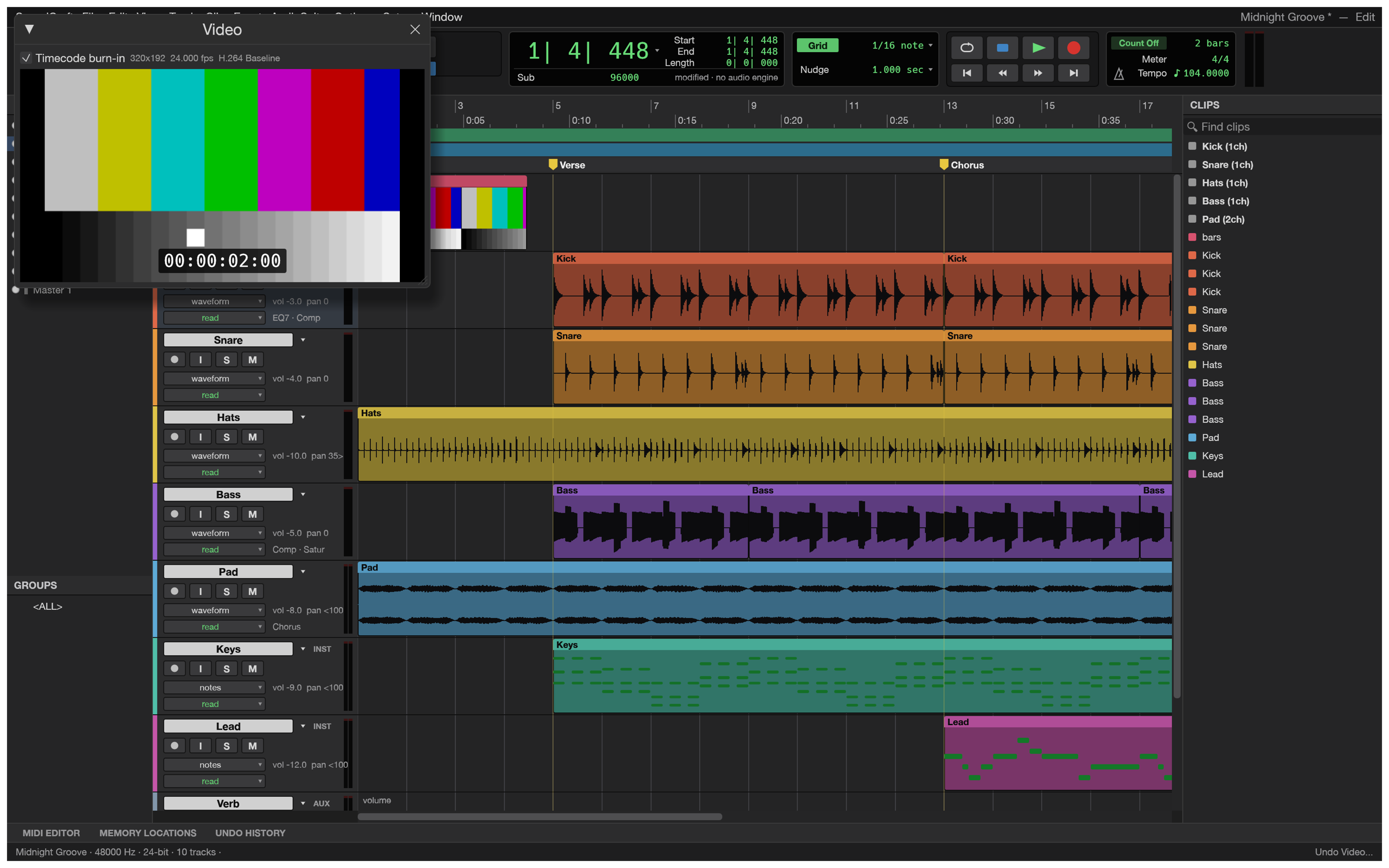 The Video window showing a colour-bar test movie with a timecode burn-in, above a Video track with thumbnails in the Edit window