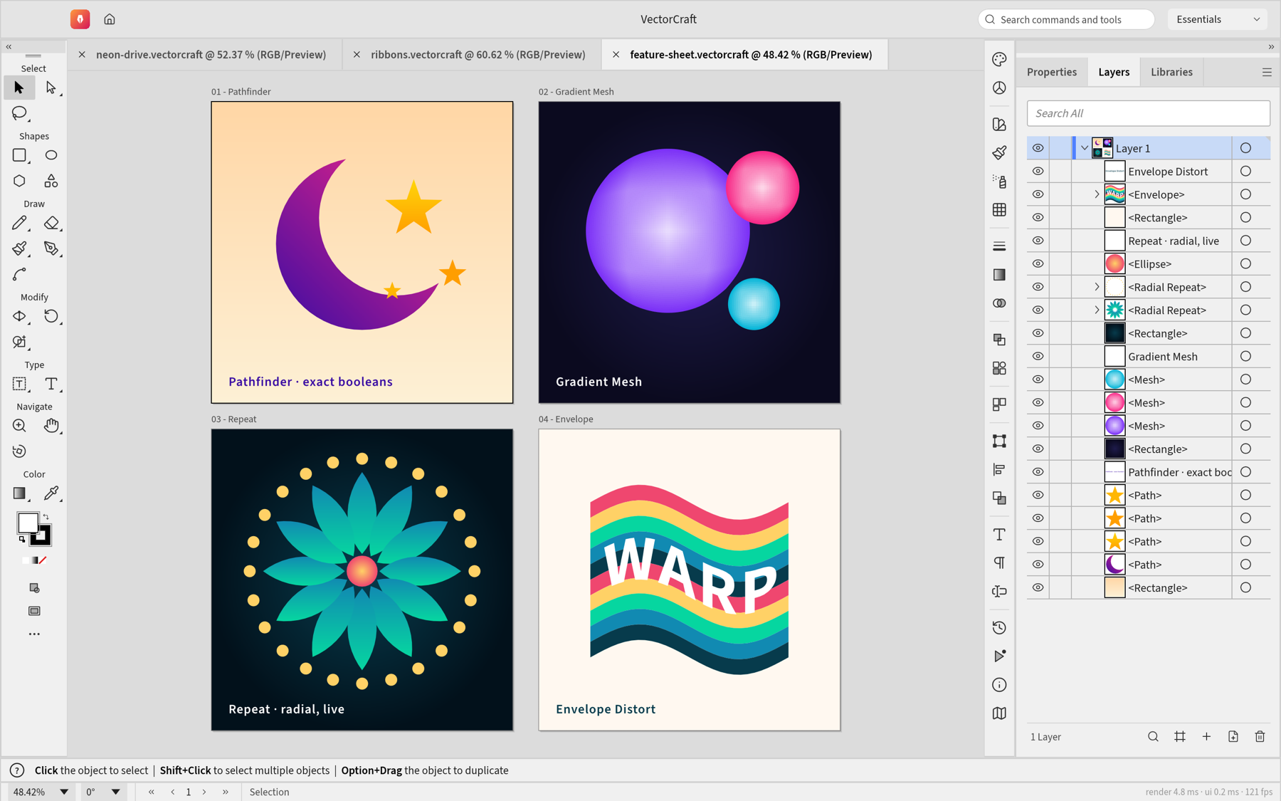 Four artboards in the light UI theme: Pathfinder, Gradient Mesh, radial Repeat and Envelope Distort