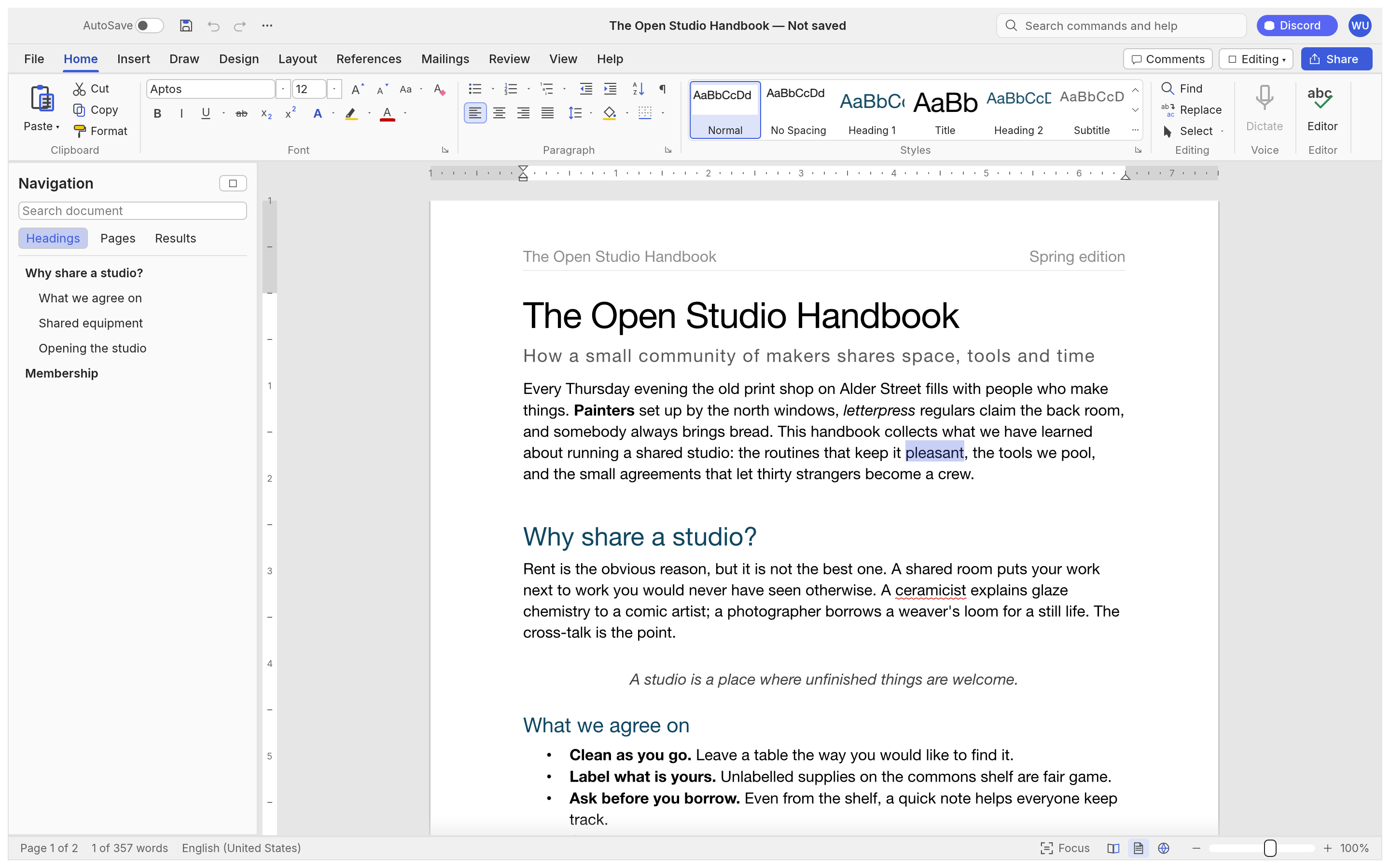 WordCraft with the Home tab of the ribbon open over a two-page document titled The Open Studio Handbook. The Navigation pane on the left lists the document's headings, the Styles gallery shows live previews of Normal, Heading 1, Title and Subtitle, and a word in the first paragraph is selected.
