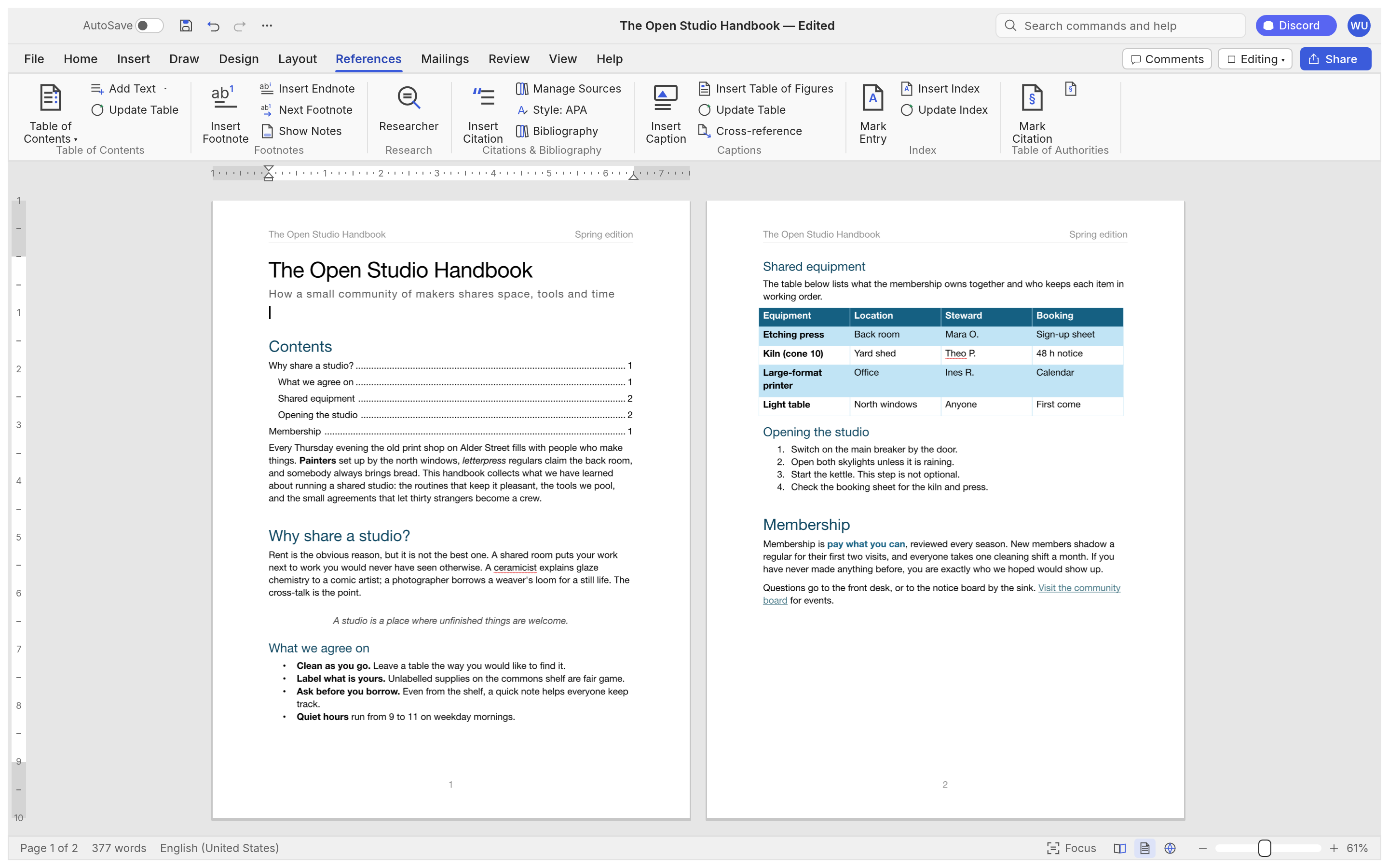 The References tab with two pages side by side: a table of contents with dotted leaders and page numbers on page one, and a styled table, numbered list and hyperlink on page two