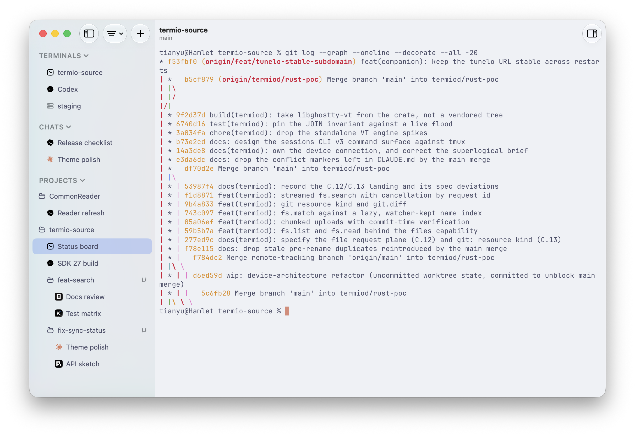 The Termio sidebar showing Terminals, Chats, projects, worktrees, and their nested sessions
