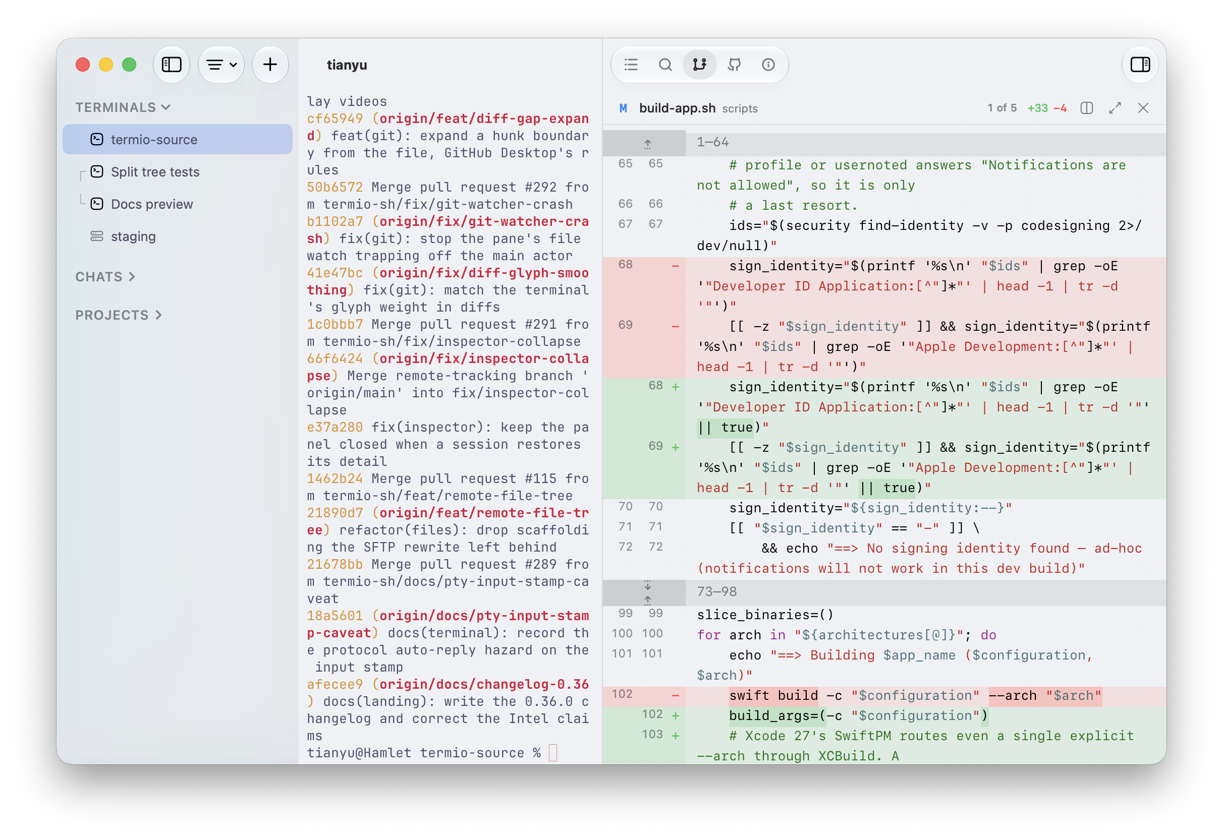 The Termio Changes tab with a file selected and its red and green unified diff beside the terminal