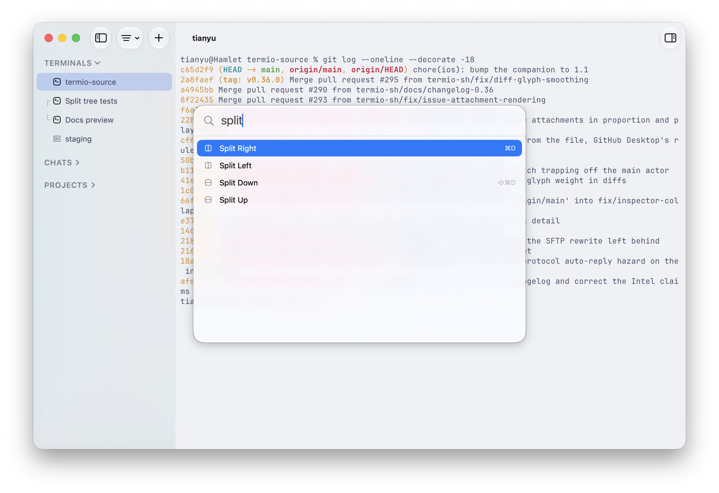 The Termio command palette open on split, with Split Right selected