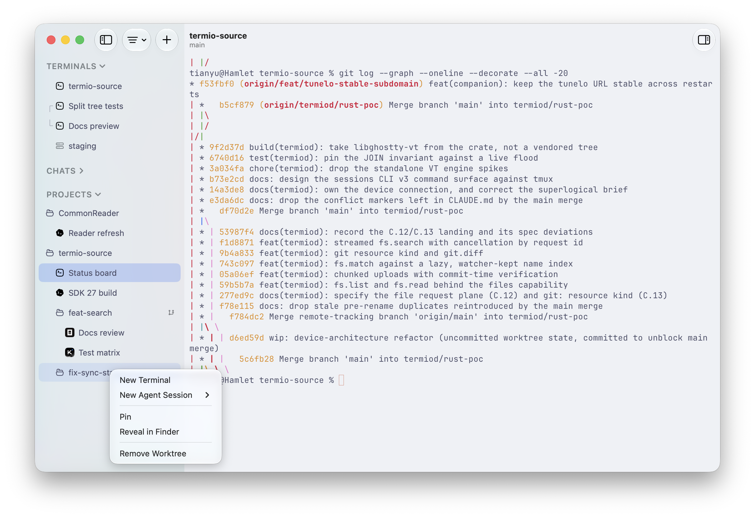 A worktree in the Termio sidebar, with its nested sessions and a context menu to add another