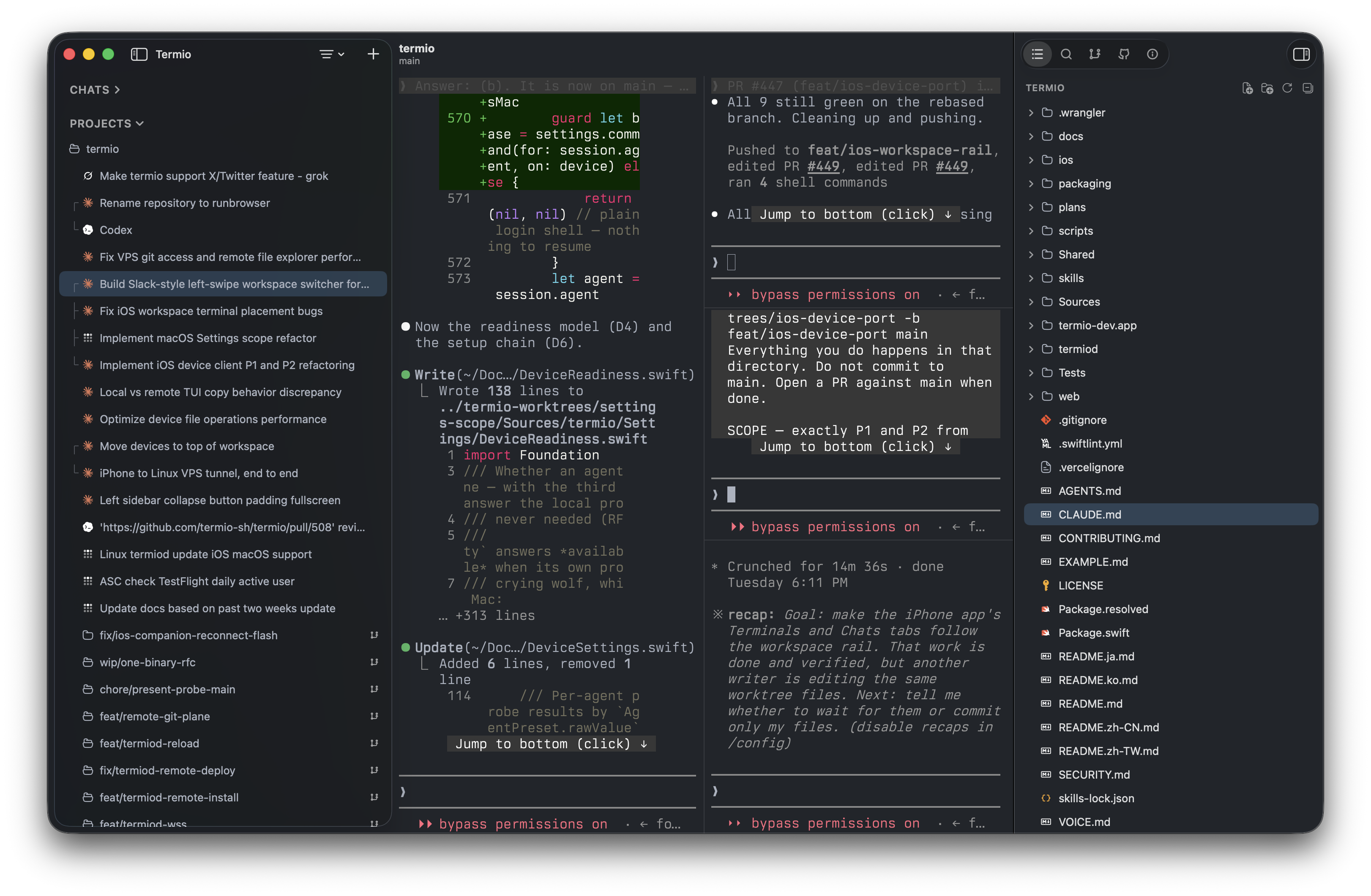 Termio in dark mode: a live Claude Code session next to the project sidebar