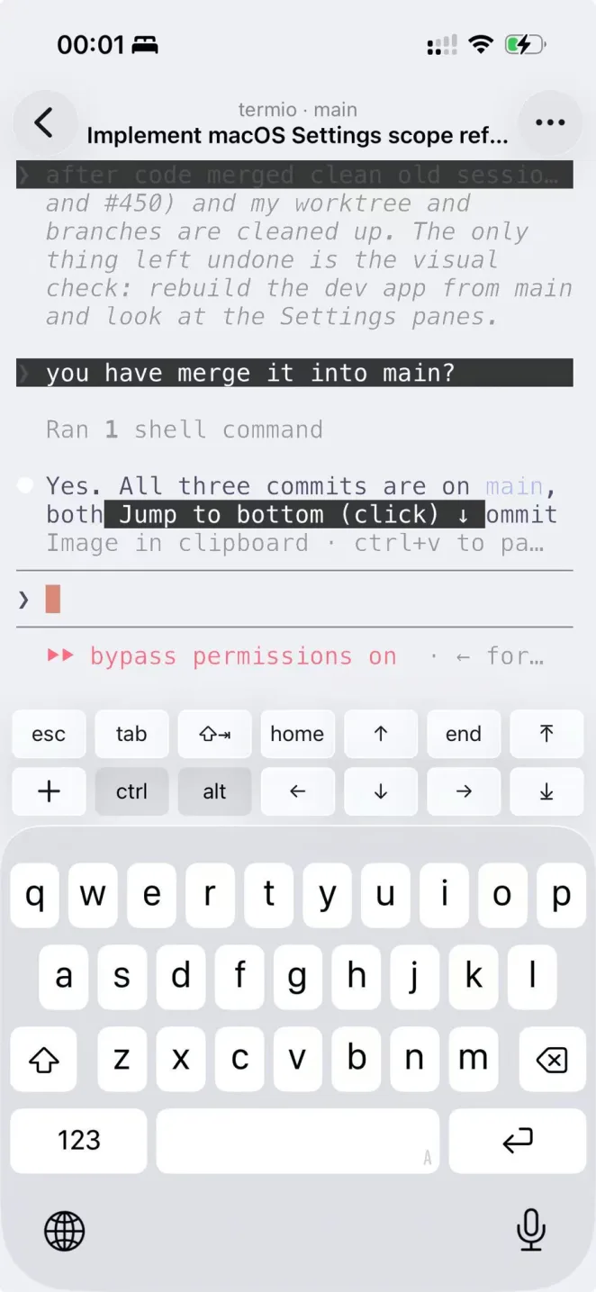 Termio on iPhone: a live agent session with the key bar above the keyboard