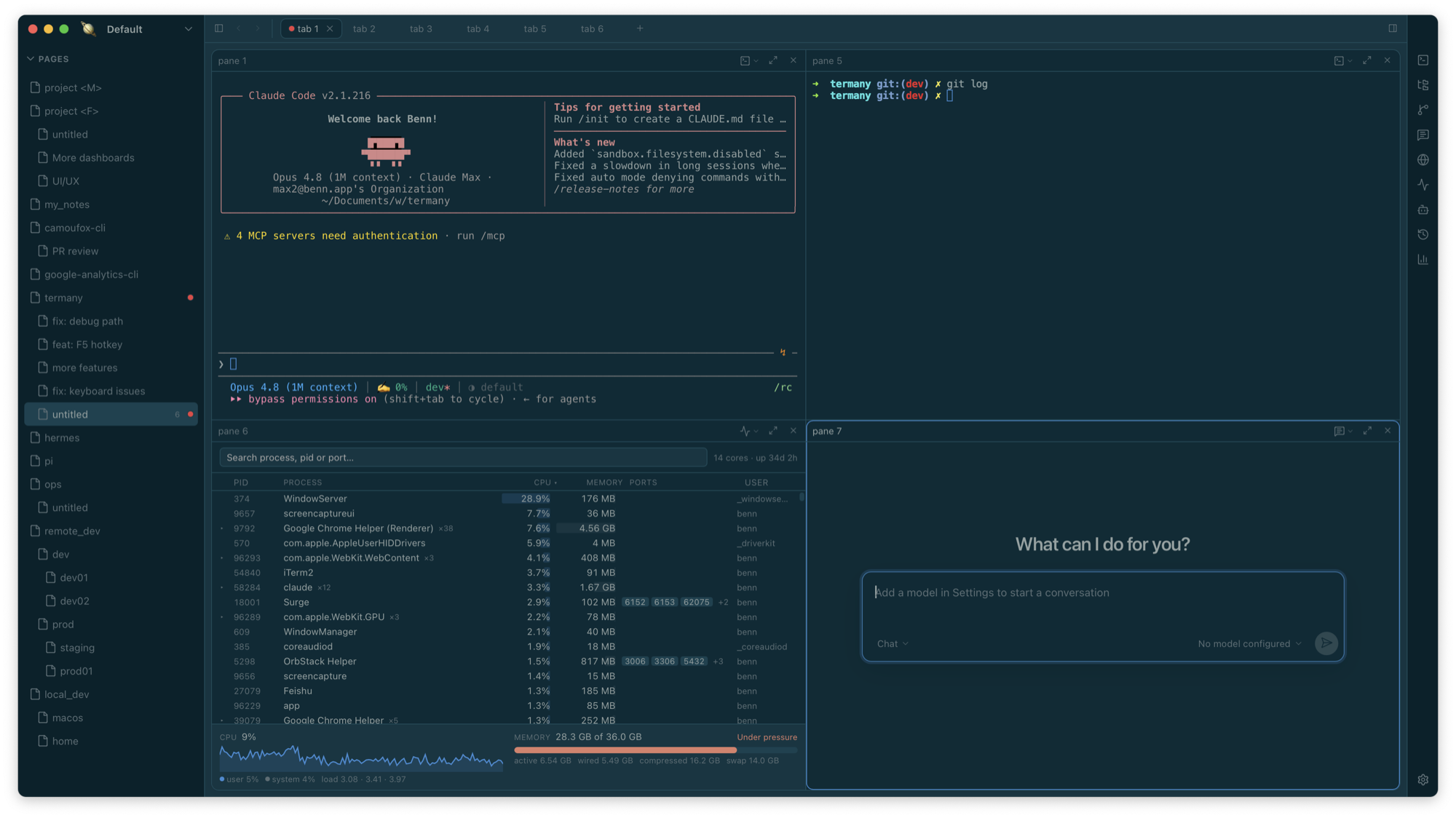 Four panes in one tab: an agent, a shell, the activity monitor, and a chat pane