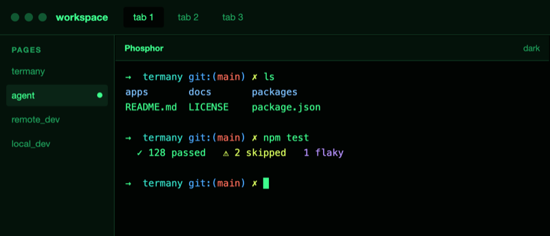 The Phosphor theme: a green CRT, flush edge to edge
