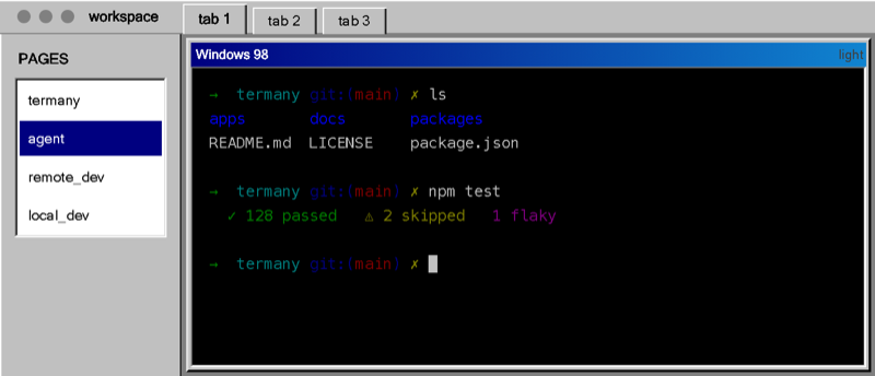The Windows 98 theme: bevelled gray chrome, a navy title bar, and a black VGA console