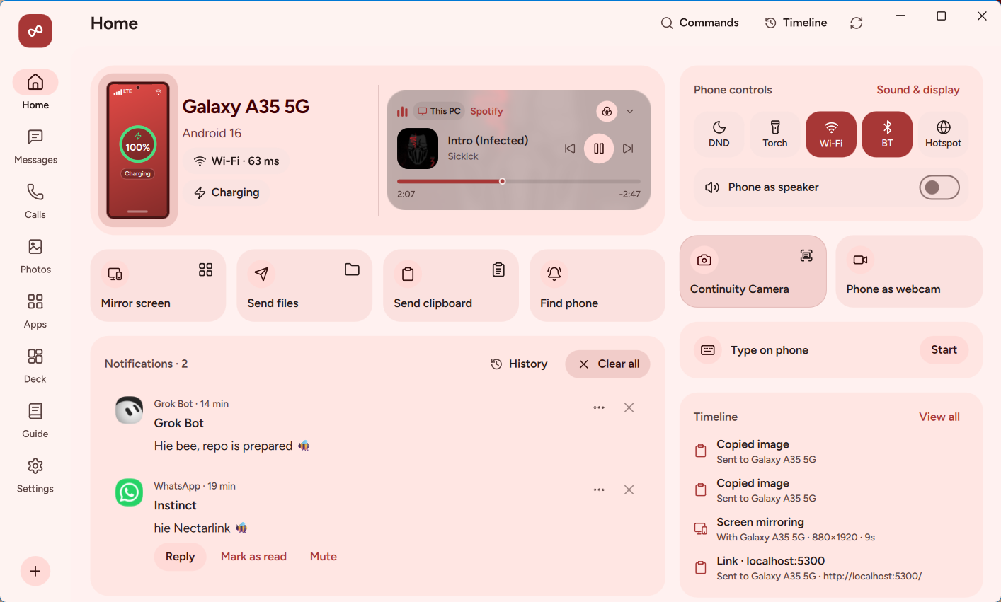 Home with notifications and music playing on the PC, Bloom theme