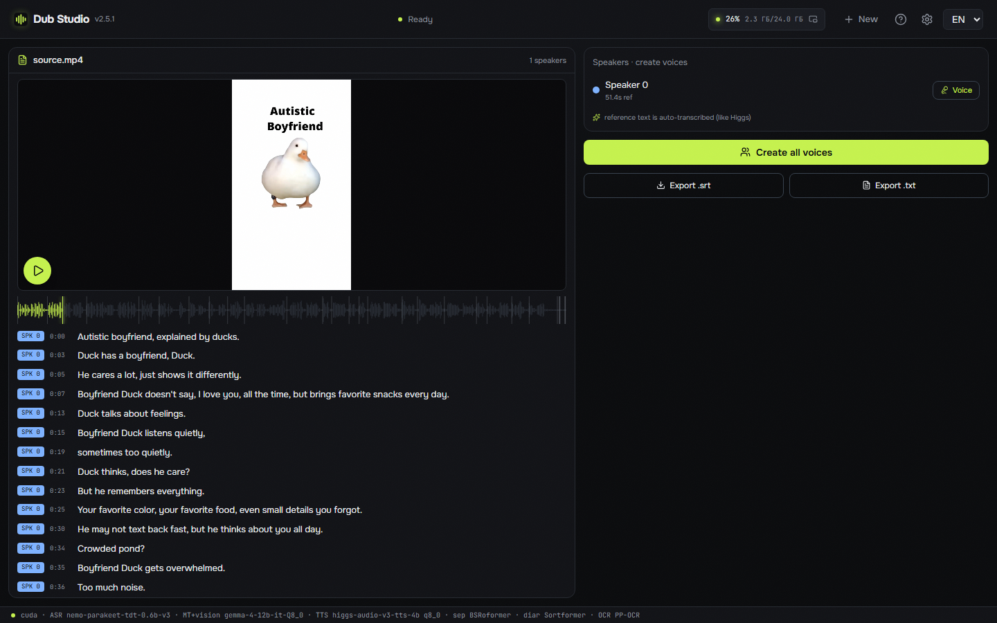 Dub Studio transcript mode