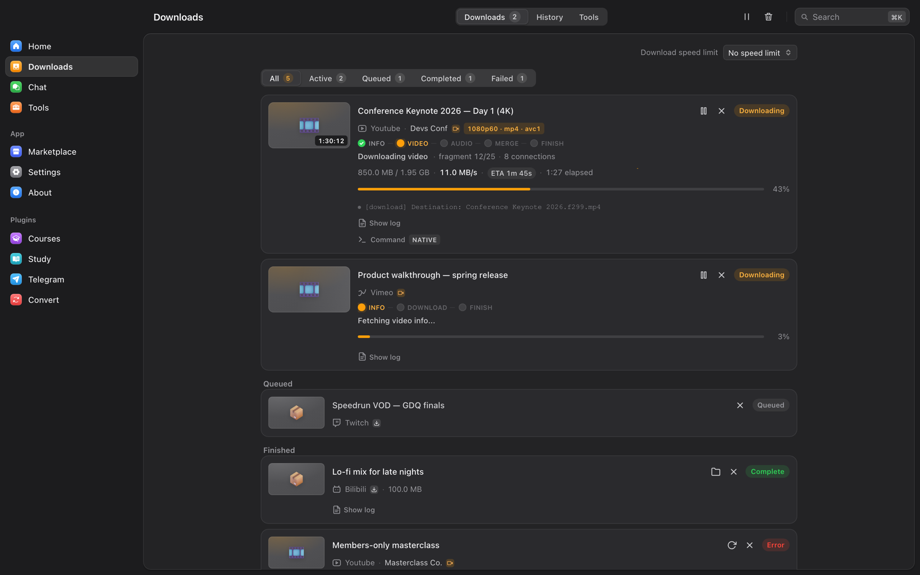 OmniGet Downloads page with an active 4K YouTube download showing phase, speed, ETA and the exact yt-dlp command, plus queued and finished items