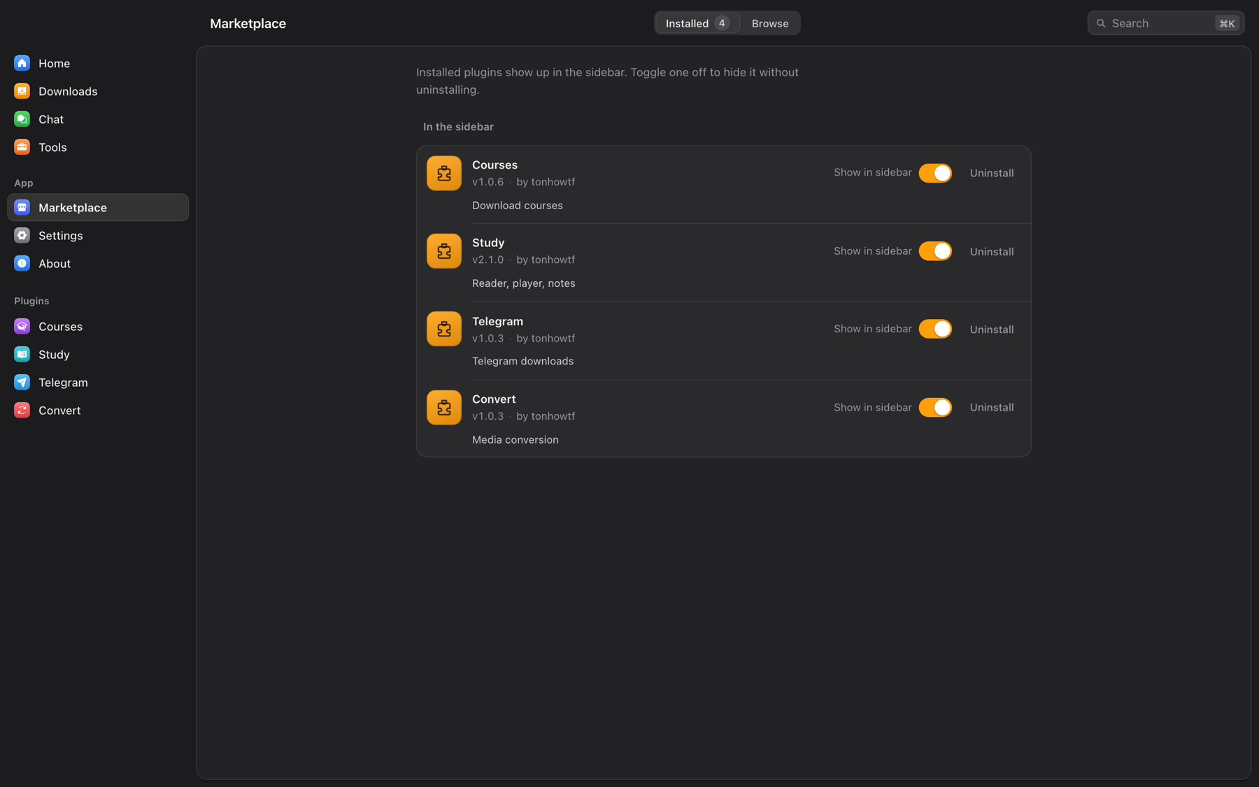 OmniGet Marketplace listing the Courses, Study, Telegram and Convert plugins with version, author, permissions and enable switches