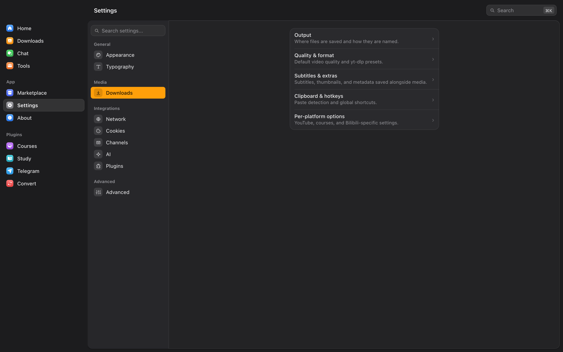 OmniGet settings: grouped sidebar with Appearance, Downloads, Network, Cookies, Channels, AI, Plugins and Advanced, and a download section with Output, Quality, Subtitles, Clipboard and hotkeys, Per-platform options