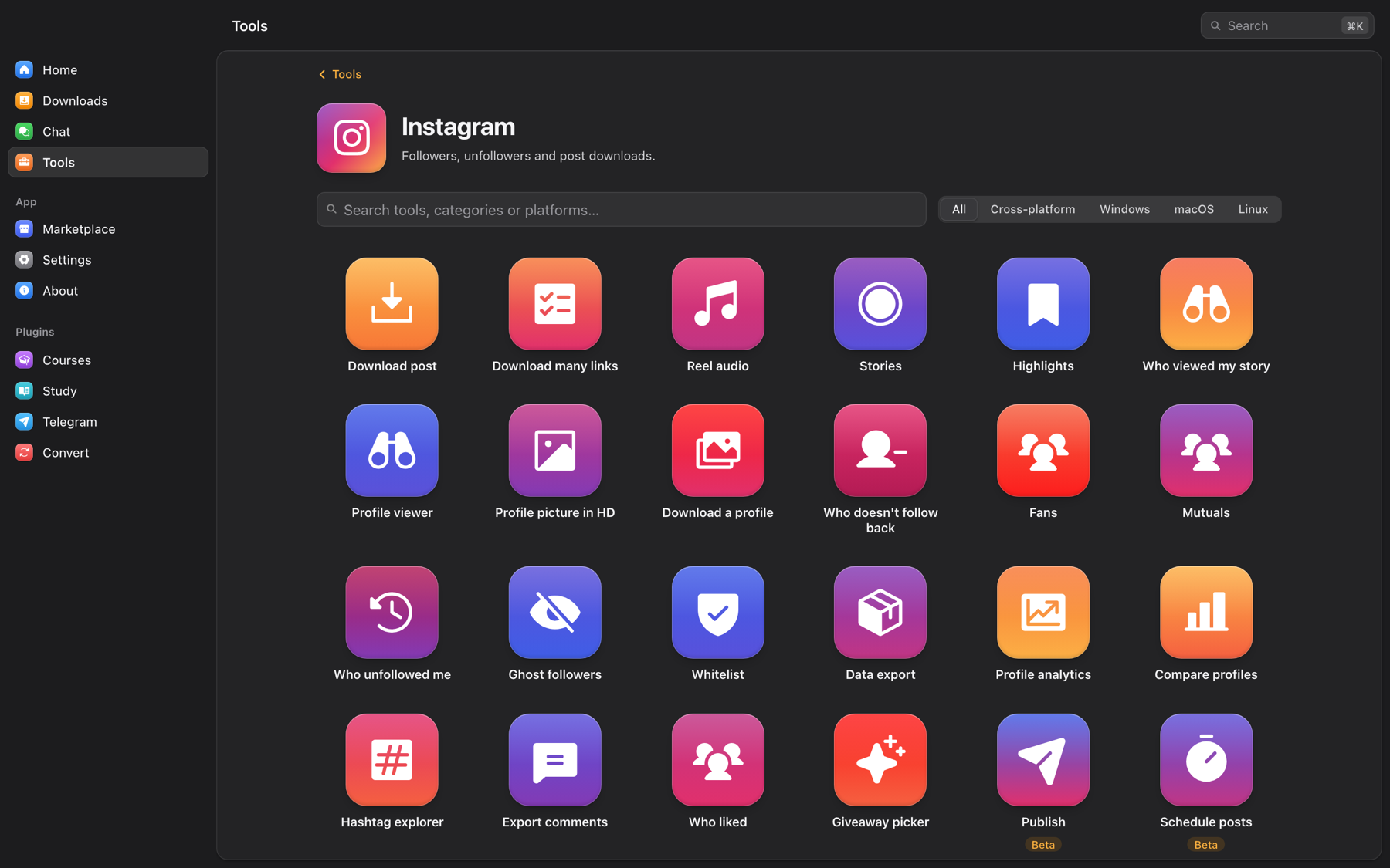 Instagram tools in OmniGet: download post, bulk download, reel audio, stories, highlights, story viewers, profile viewer, HD avatar, profile download, unfollowers, fans, mutuals, who unfollowed, ghost followers, whitelist, data export, analytics, compare profiles, hashtag explorer, comments, likers, giveaway picker, publish and schedule